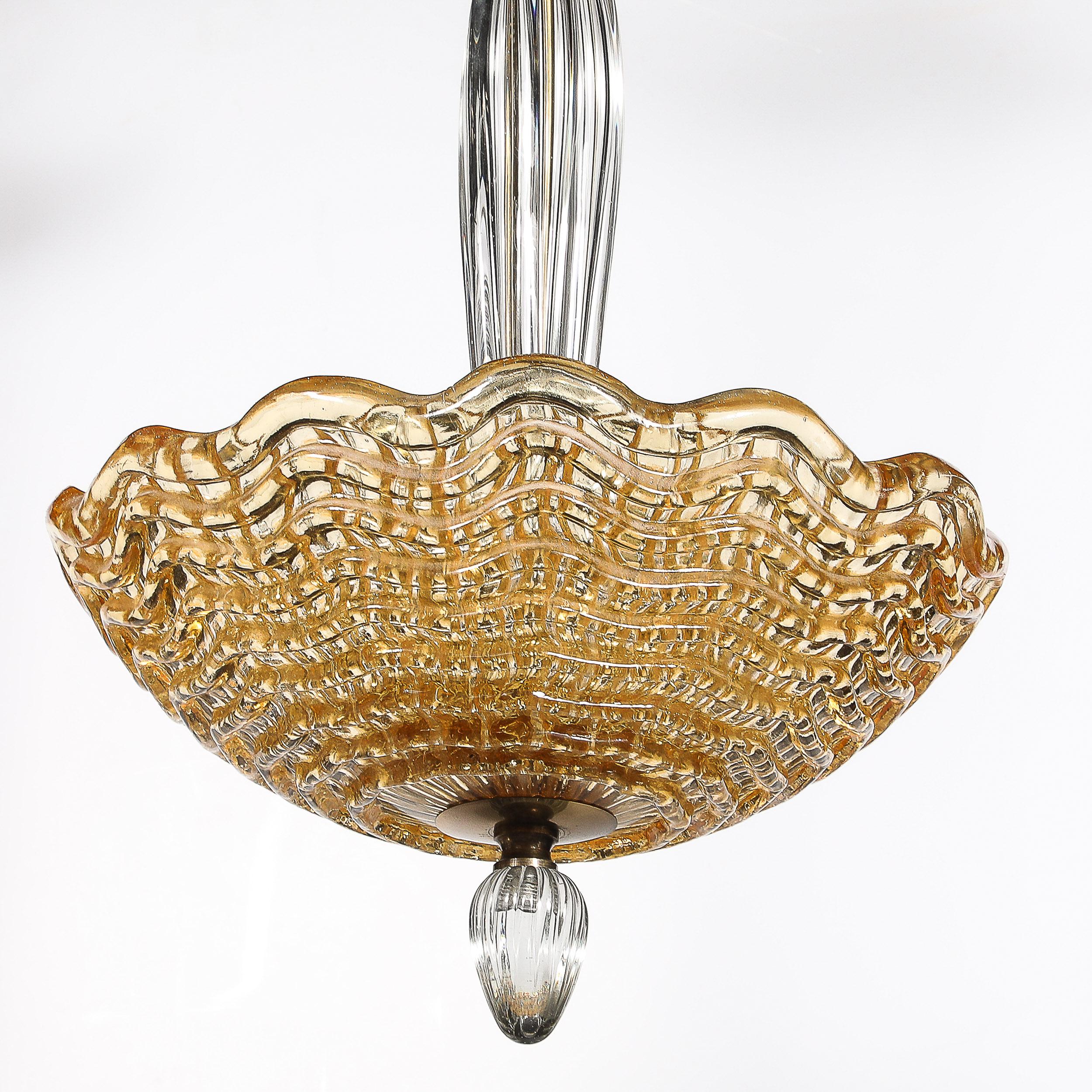 Mid-Century Mottled Glass Chandelier W/ Glass Drop & Bronze Fittings by Orrefors For Sale 5