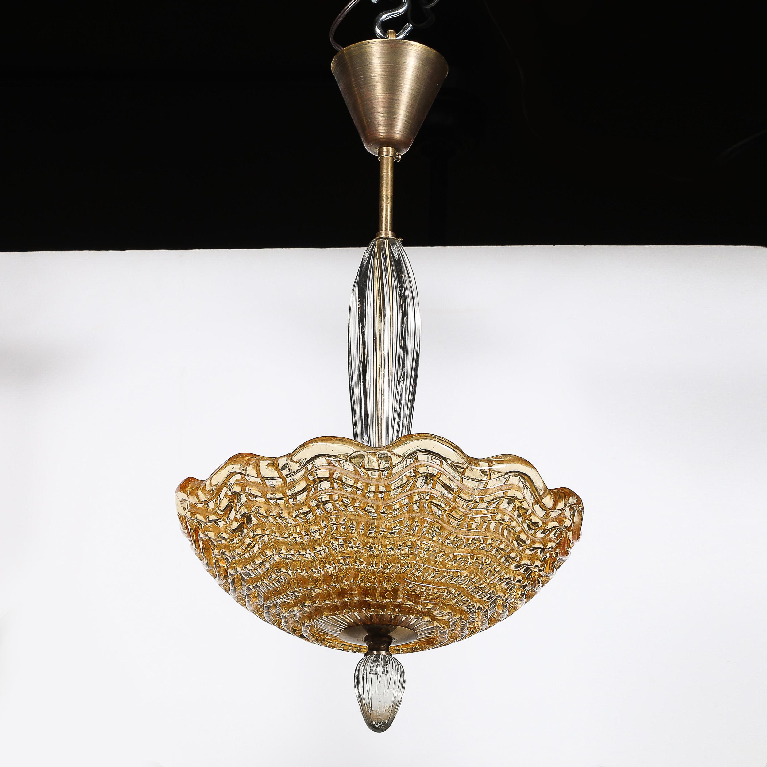 Mid-Century Mottled Glass Chandelier W/ Glass Drop & Bronze Fittings by Orrefors For Sale 6