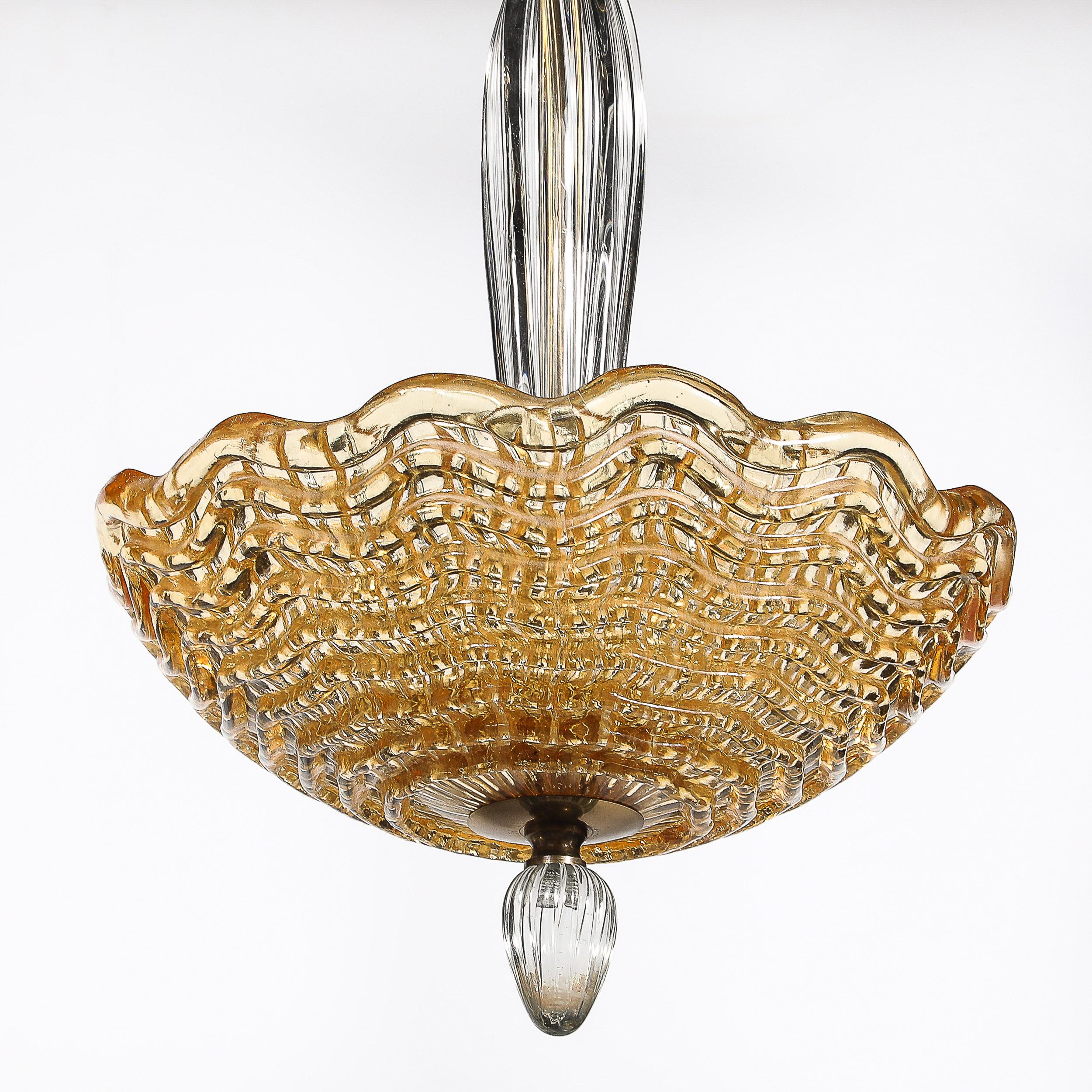 Mid-Century Mottled Glass Chandelier W/ Glass Drop & Bronze Fittings by Orrefors For Sale 7