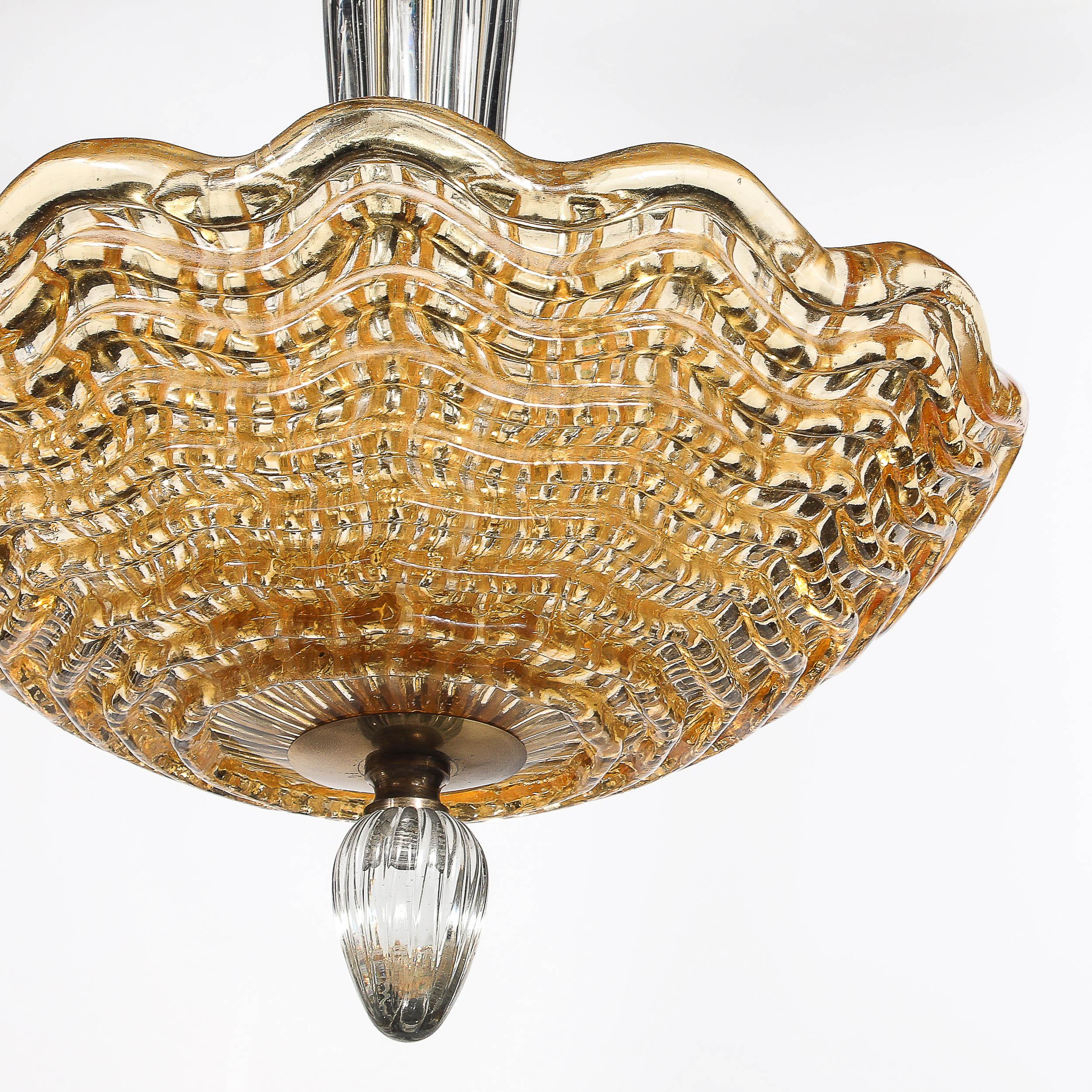 Mid-Century Mottled Glass Chandelier W/ Glass Drop & Bronze Fittings by Orrefors For Sale 9