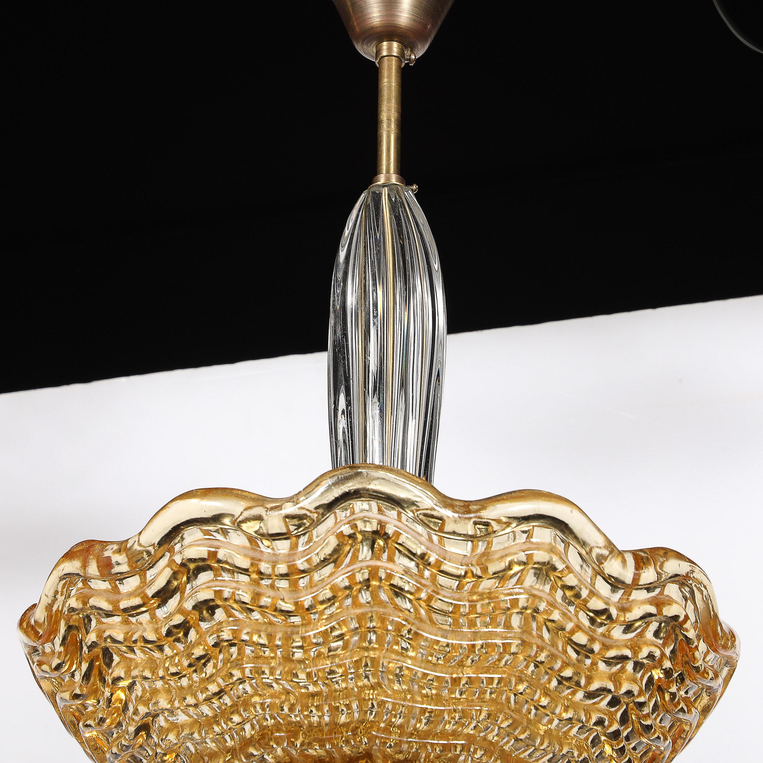 Mid-Century Mottled Glass Chandelier W/ Glass Drop & Bronze Fittings by Orrefors For Sale 11