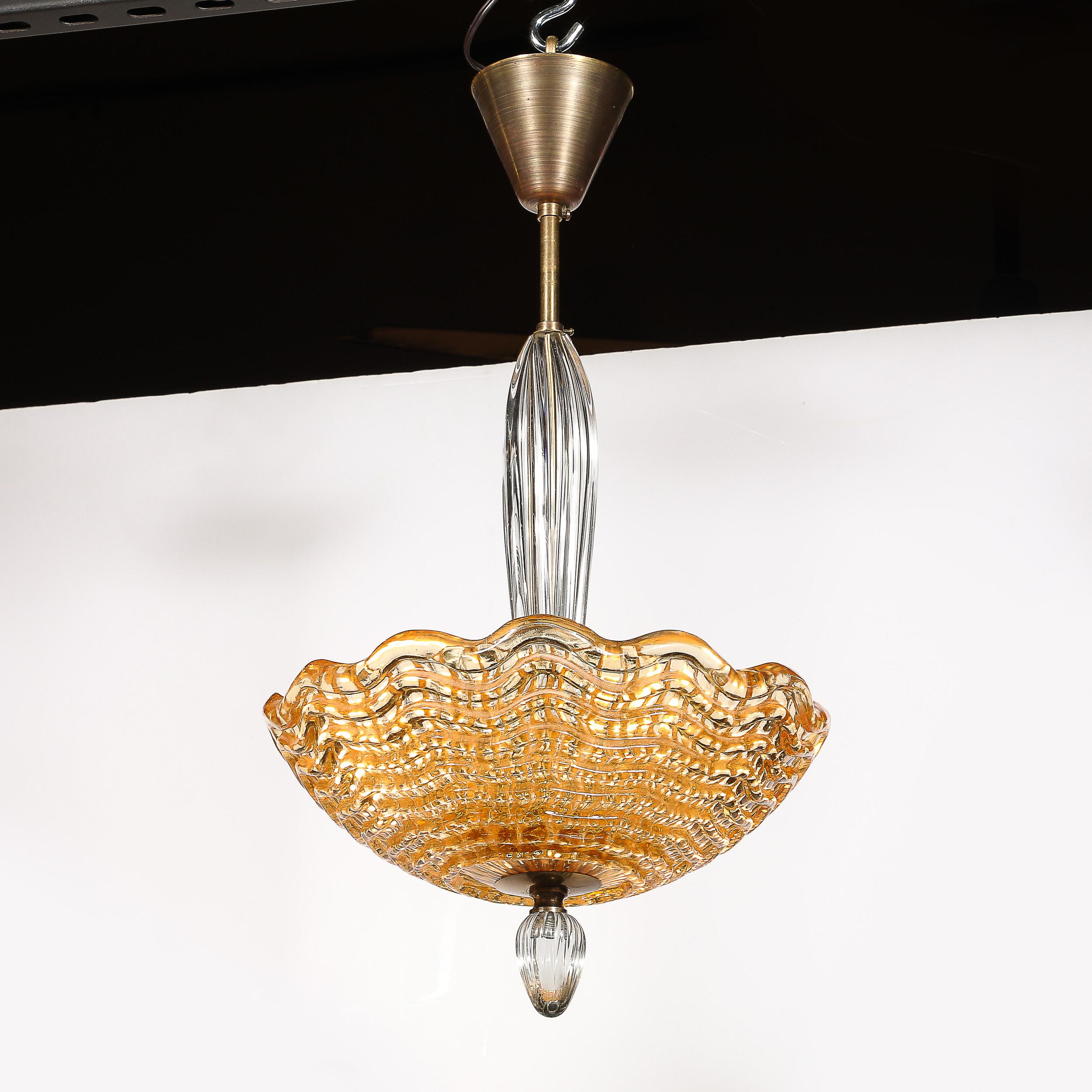 Mid-Century Mottled Glass Chandelier W/ Glass Drop & Bronze Fittings by Orrefors For Sale 12