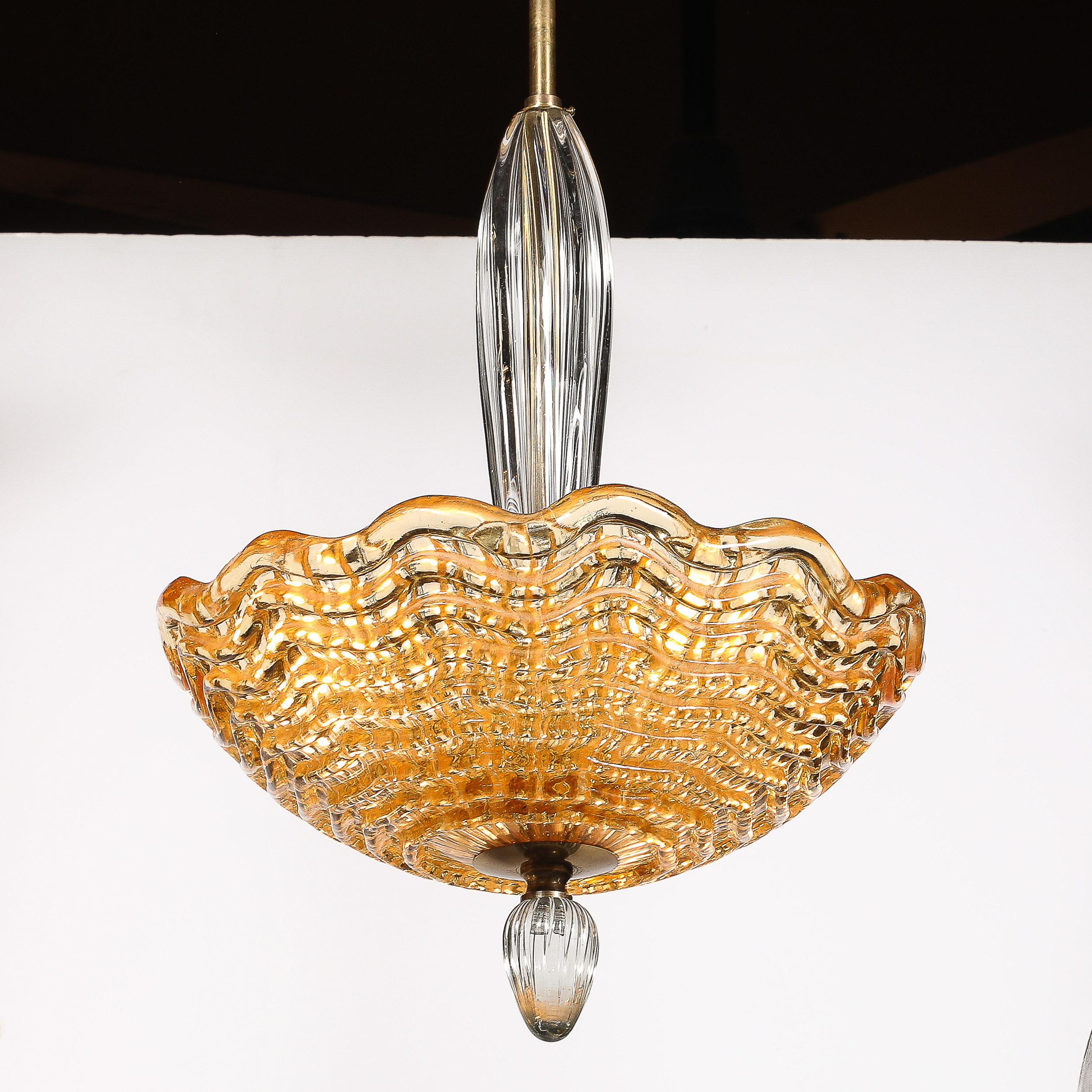 Mid-Century Mottled Glass Chandelier W/ Glass Drop & Bronze Fittings by Orrefors For Sale 14