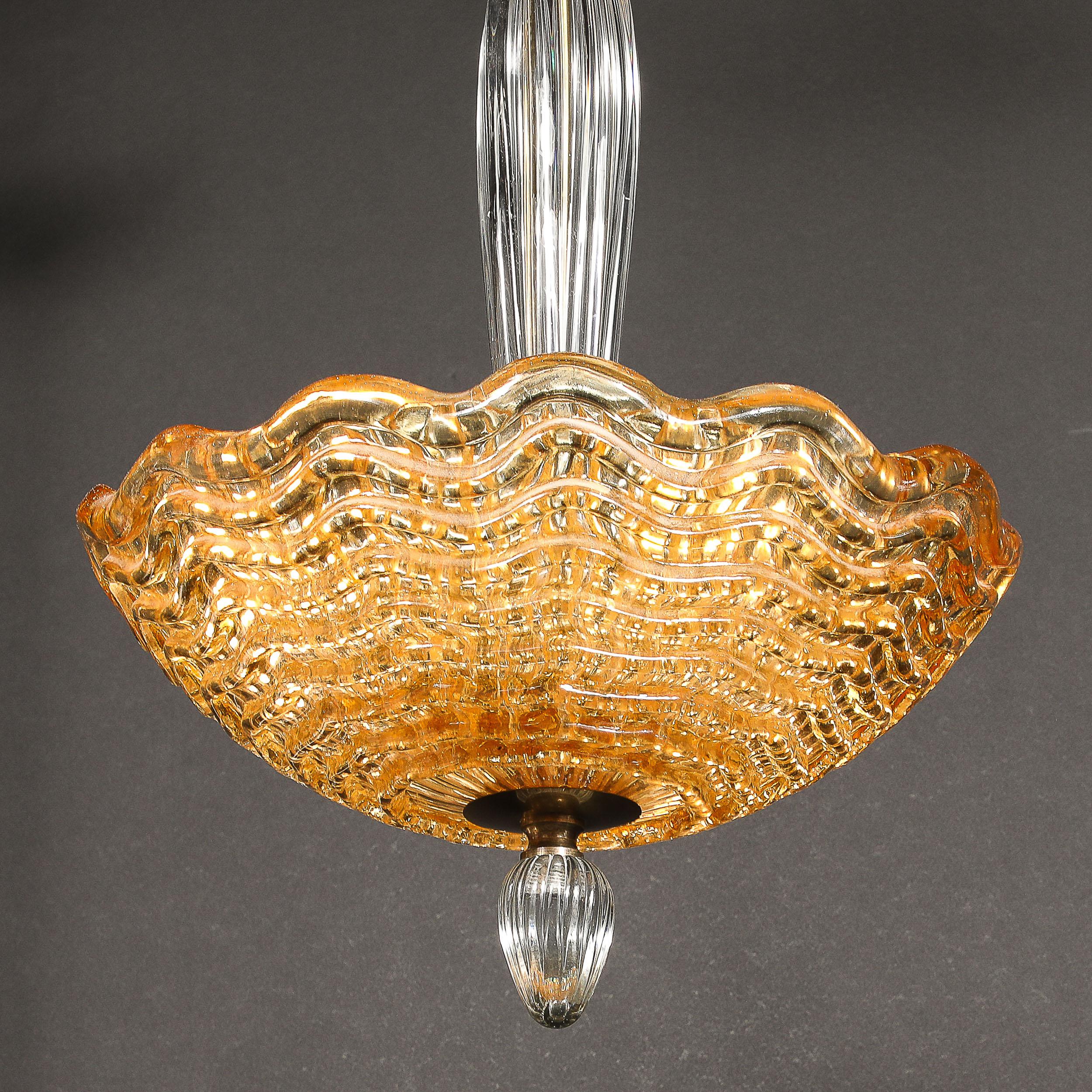 Mid-Century Modern Mid-Century Mottled Glass Chandelier W/ Glass Drop & Bronze Fittings by Orrefors For Sale