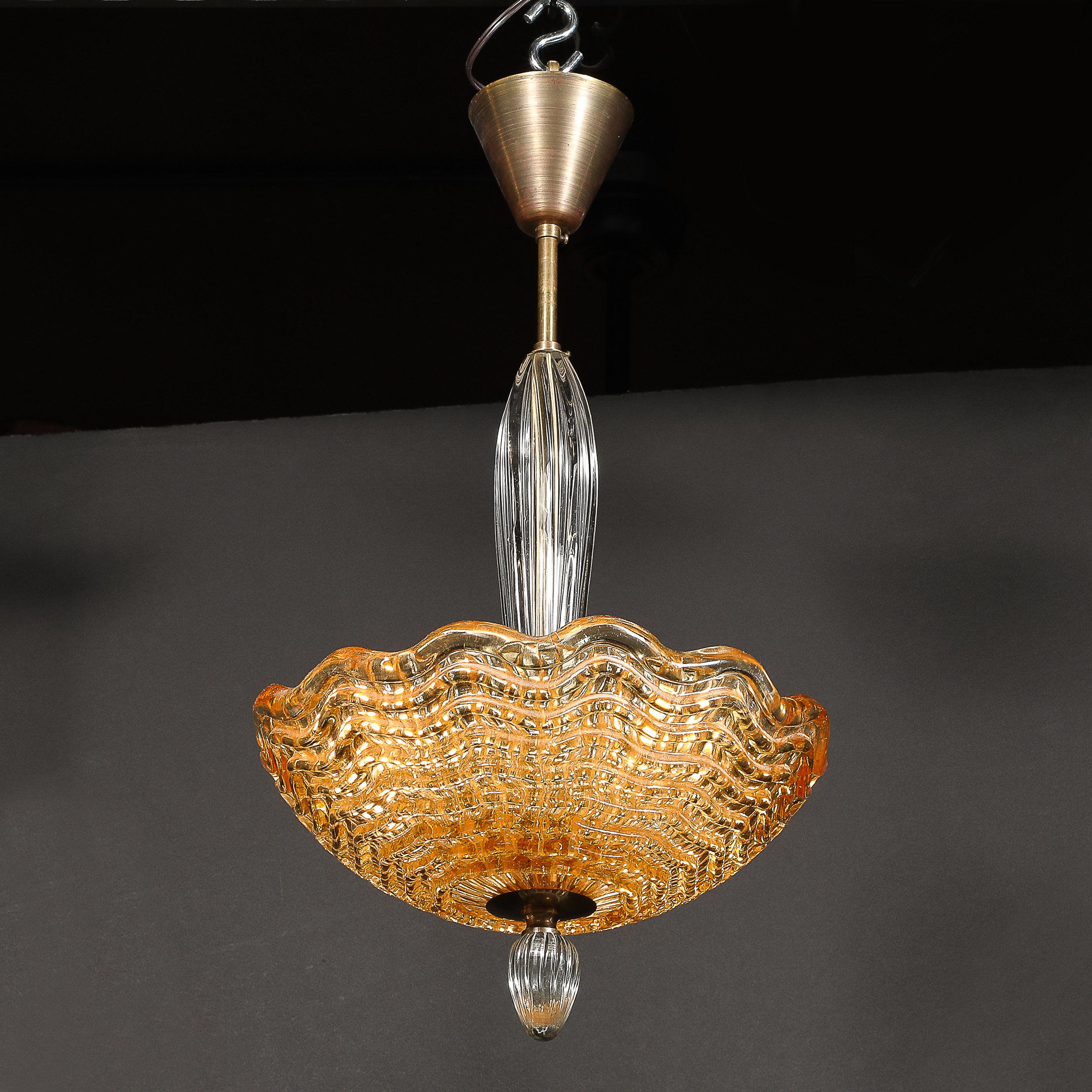 Swedish Mid-Century Mottled Glass Chandelier W/ Glass Drop & Bronze Fittings by Orrefors For Sale