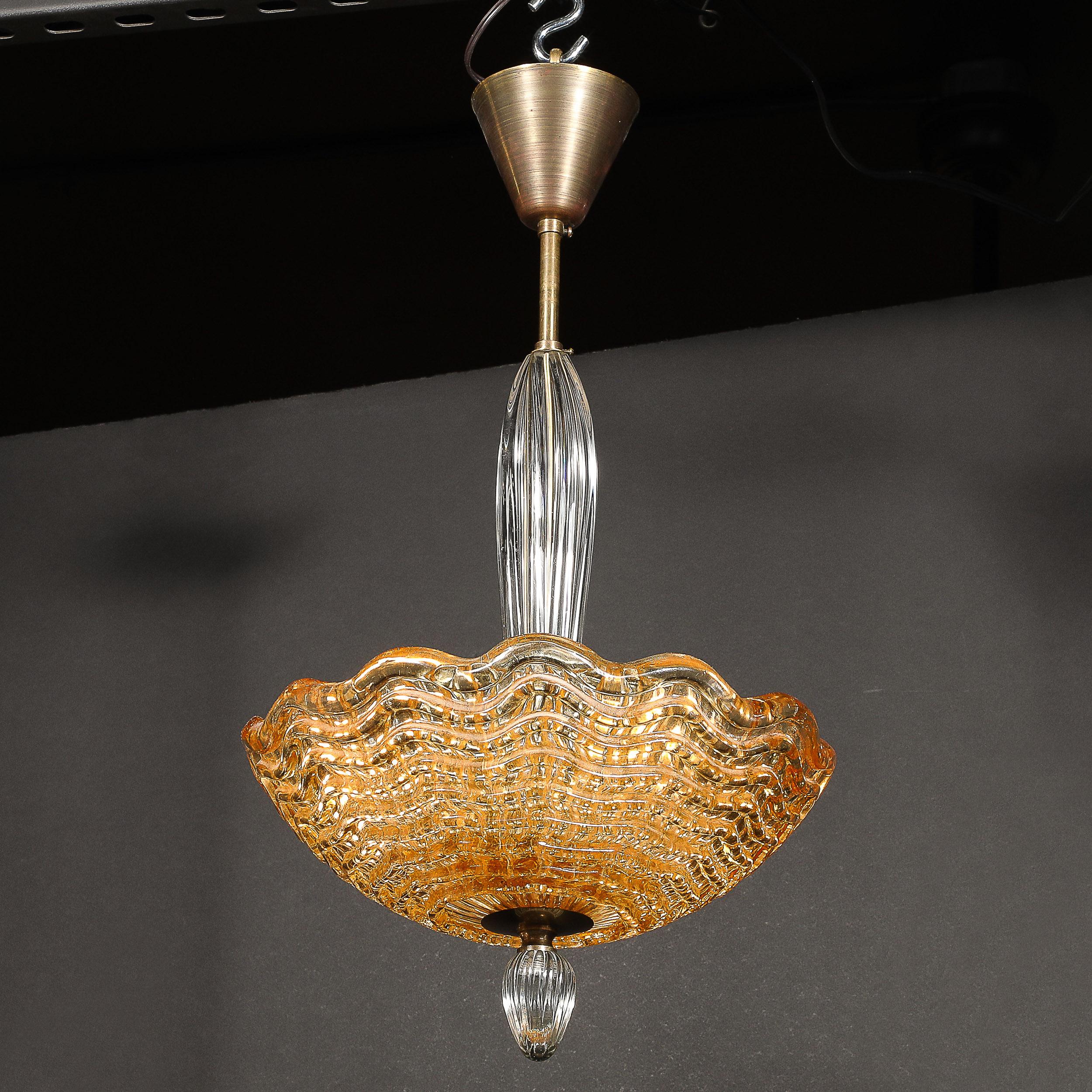 Mid-Century Mottled Glass Chandelier W/ Glass Drop & Bronze Fittings by Orrefors In Excellent Condition For Sale In New York, NY