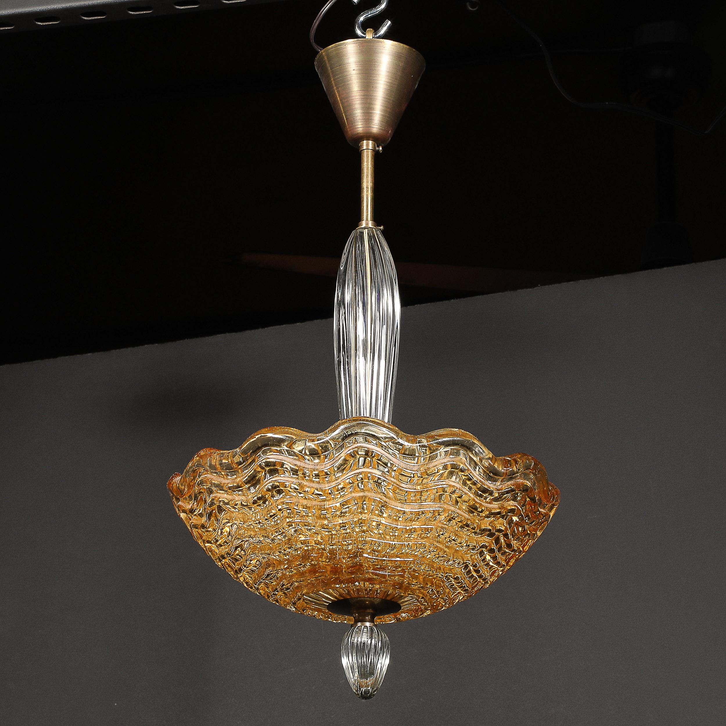 Mid-20th Century Mid-Century Mottled Glass Chandelier W/ Glass Drop & Bronze Fittings by Orrefors For Sale