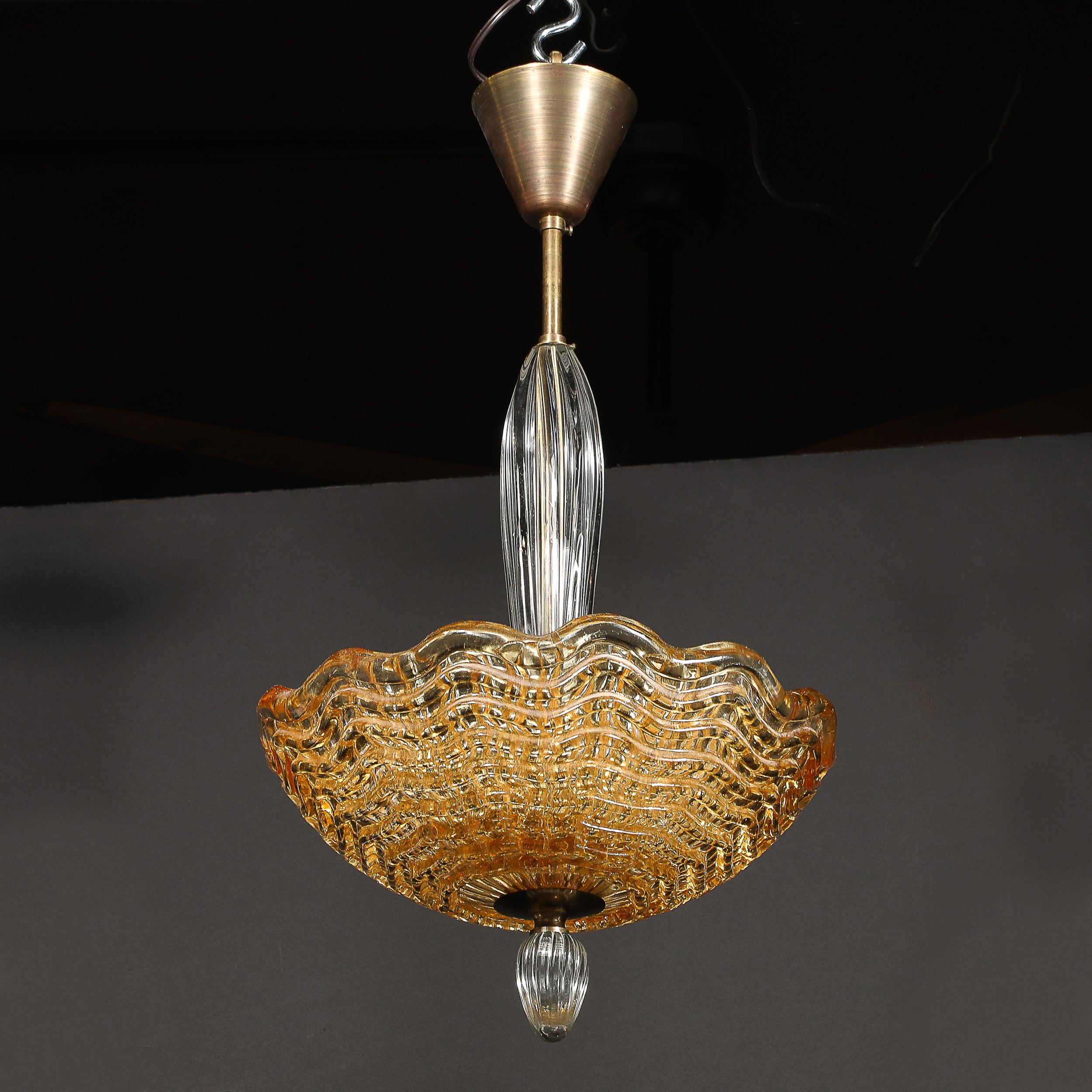 Mid-Century Mottled Glass Chandelier W/ Glass Drop & Bronze Fittings by Orrefors For Sale 2