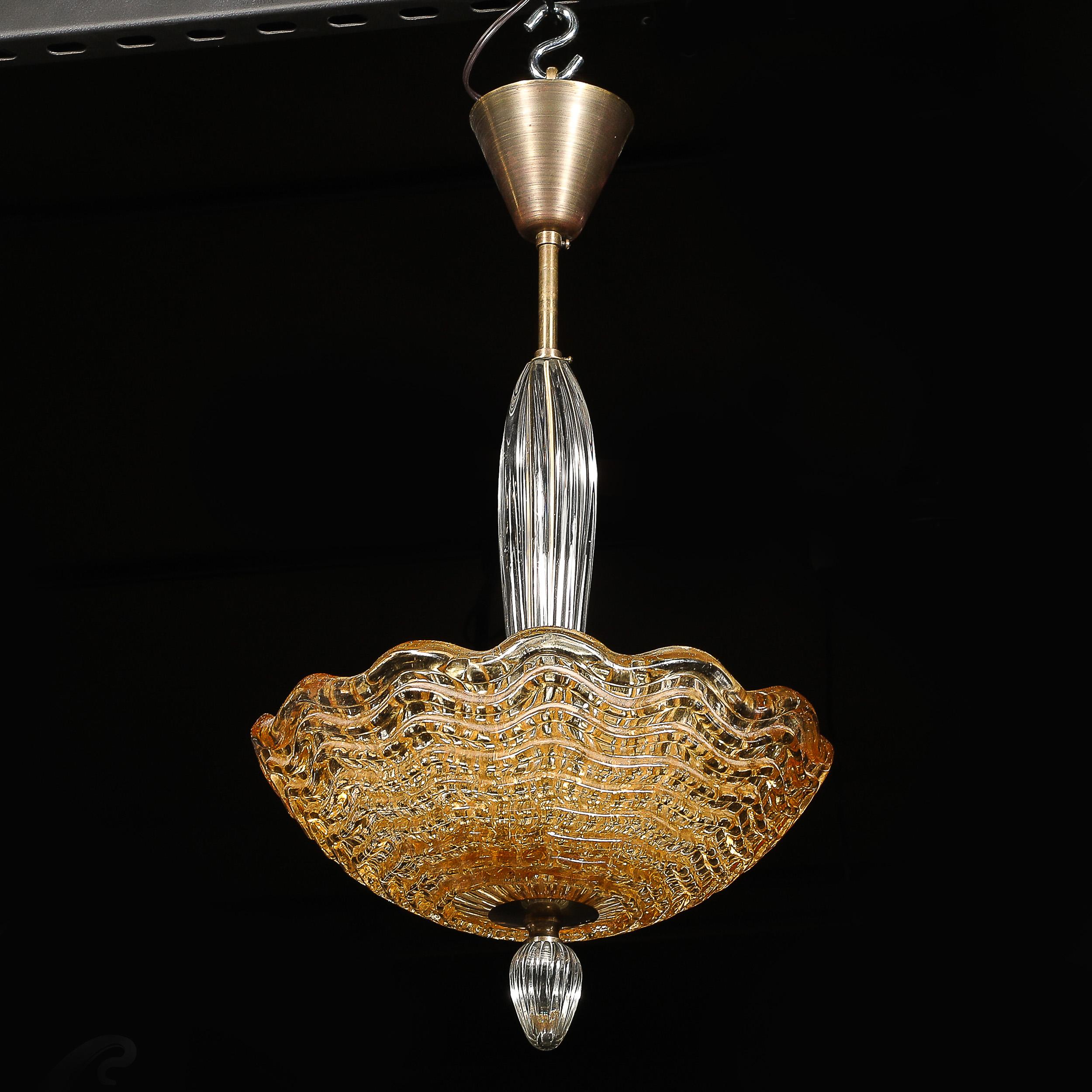 Mid-Century Mottled Glass Chandelier W/ Glass Drop & Bronze Fittings by Orrefors For Sale 3