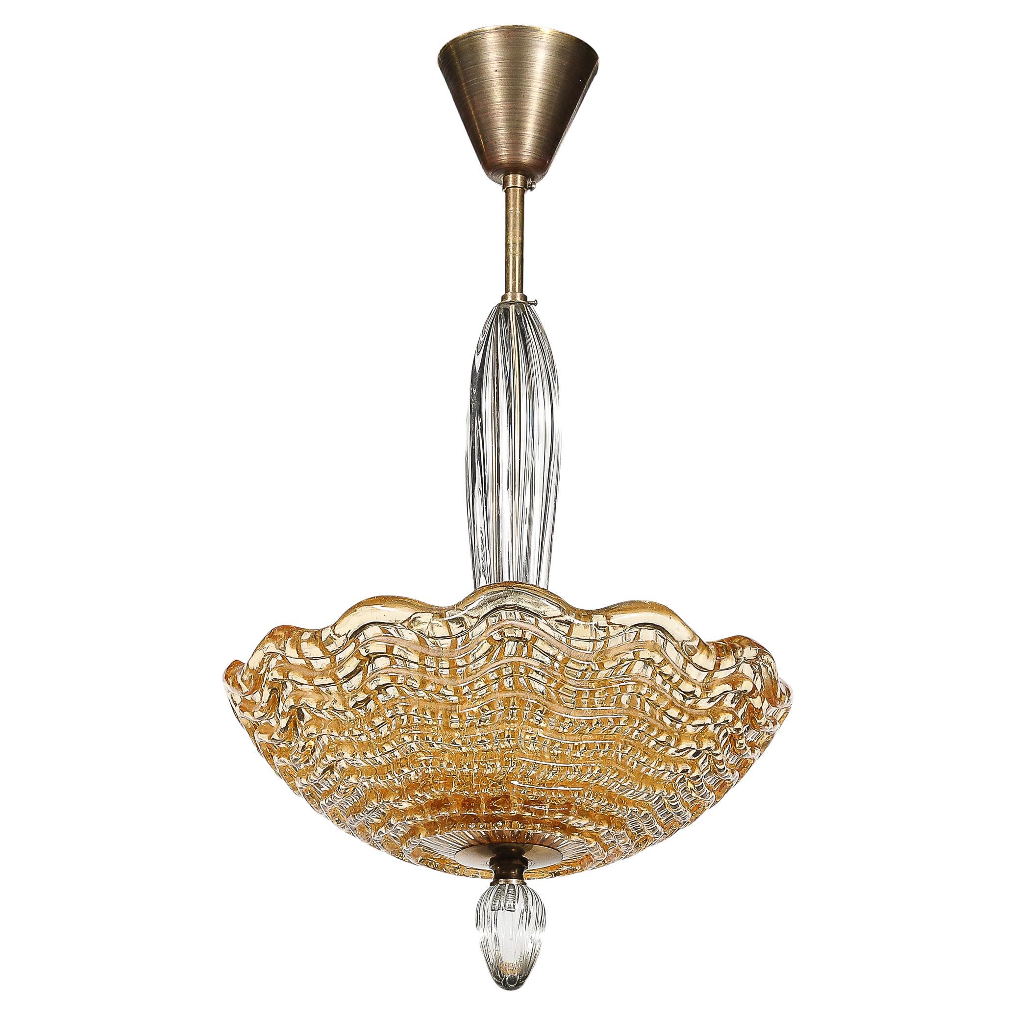 Mid-Century Mottled Glass Chandelier W/ Glass Drop & Bronze Fittings by Orrefors For Sale