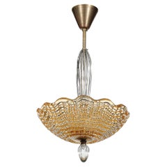 Mid-Century Mottled Glass Chandelier W/ Glass Drop & Bronze Fittings by Orrefors