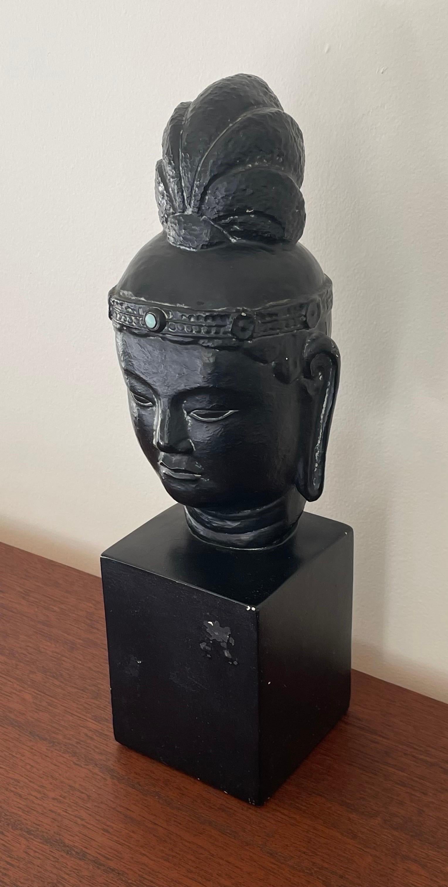 Very cool mid-century black Buddha head by Alexander Backer, 1950's, made of plaster composite, hallmarked.