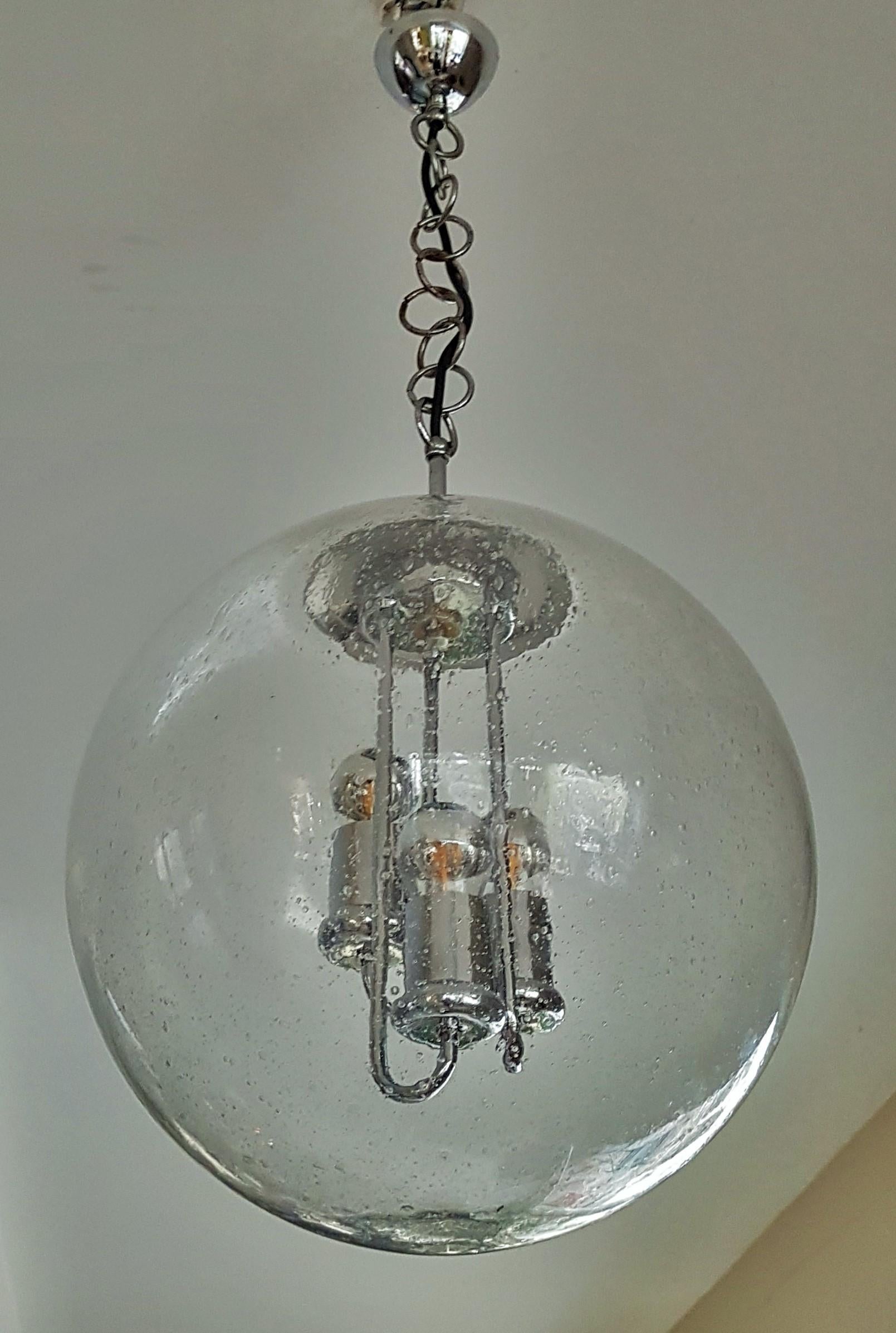 Mid-Century Mouth Blown Murano Ice Bubble Glass Ball Pendant, Doria, Germany 60s For Sale 9