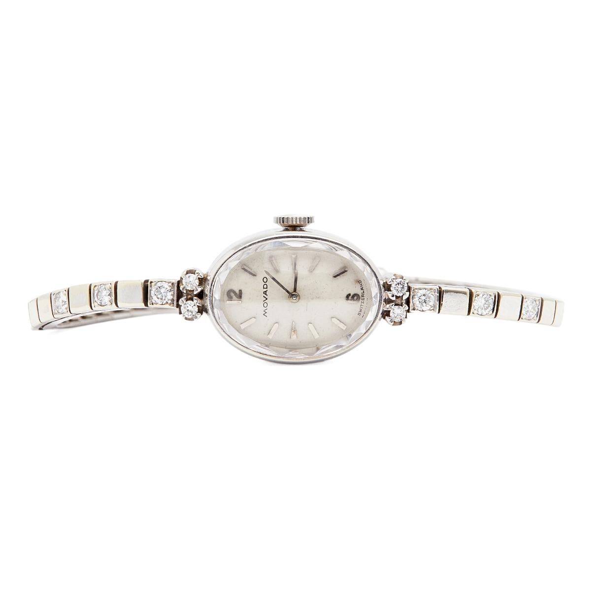 Brilliant Cut Midcentury Movado Diamond 14k White Gold Wristwatch