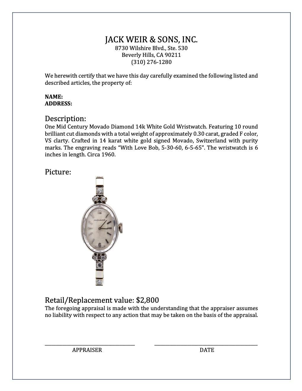 Midcentury Movado Diamond 14k White Gold Wristwatch In Good Condition In Beverly Hills, CA