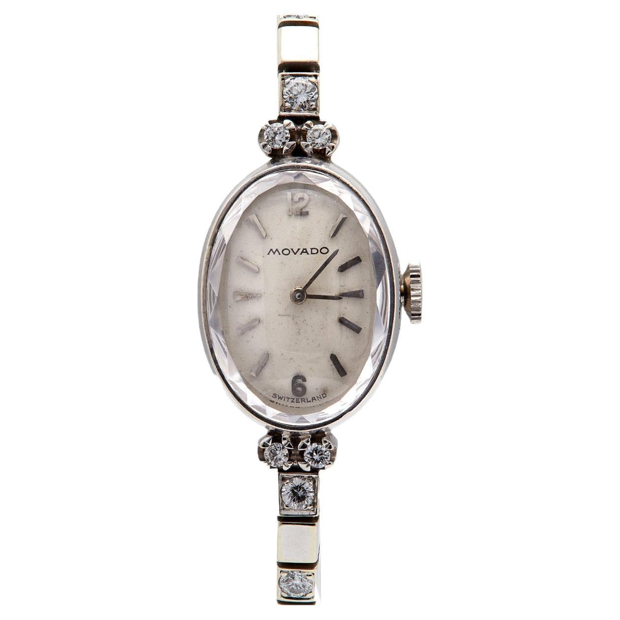 Midcentury Movado Diamond 14k White Gold Wristwatch