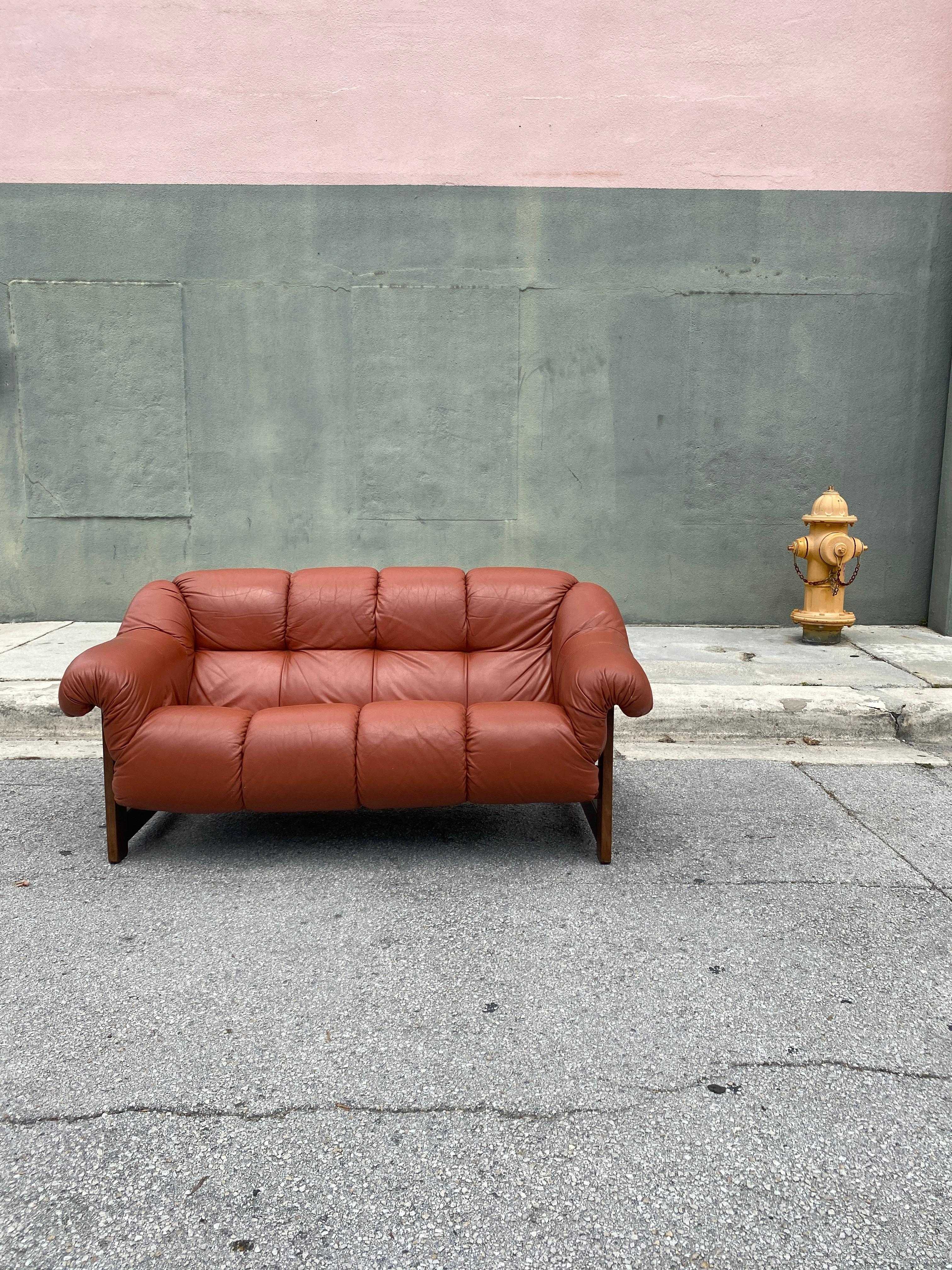 20th Century Mid Century Moveis Corazza Brazilian Leather and Wood Sofa and Stool