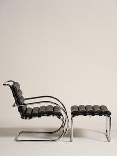 Mid Century MR Black Leather Arm Chair & Ottoman, Mies van der Rohe for Knoll