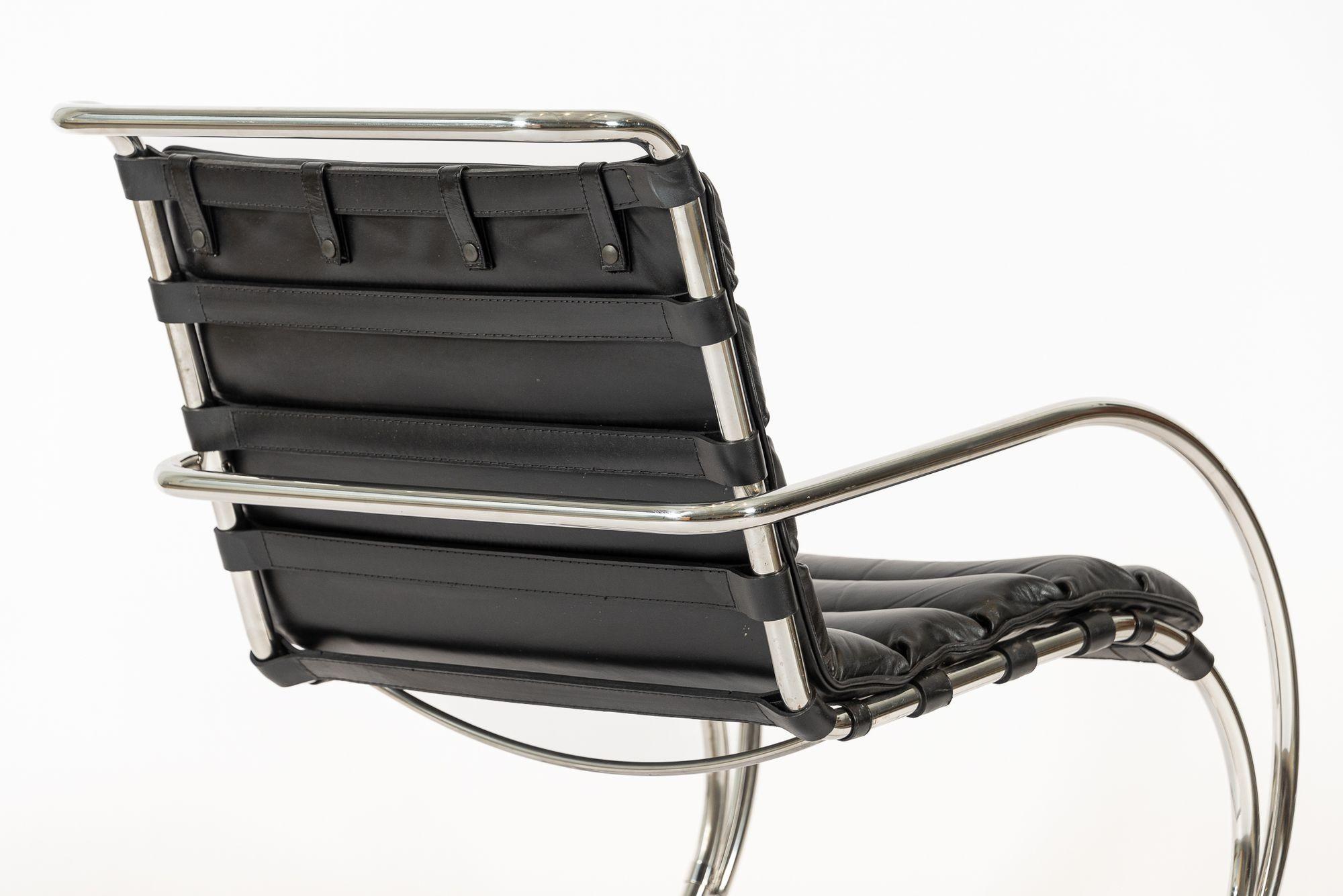 Mid Century MR Black Leather Arm Chairs by Mies van der Rohe for Knoll For Sale 8