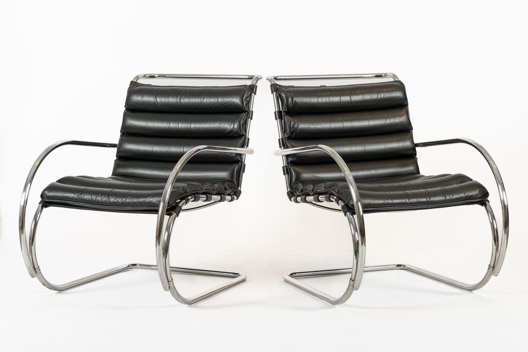 Mid-Century Modern Mid Century MR Black Leather Arm Chairs by Mies van der Rohe for Knoll For Sale