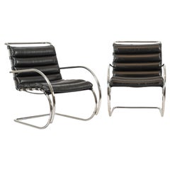 Mid Century MR Black Leather Arm Chairs by Mies van der Rohe for Knoll