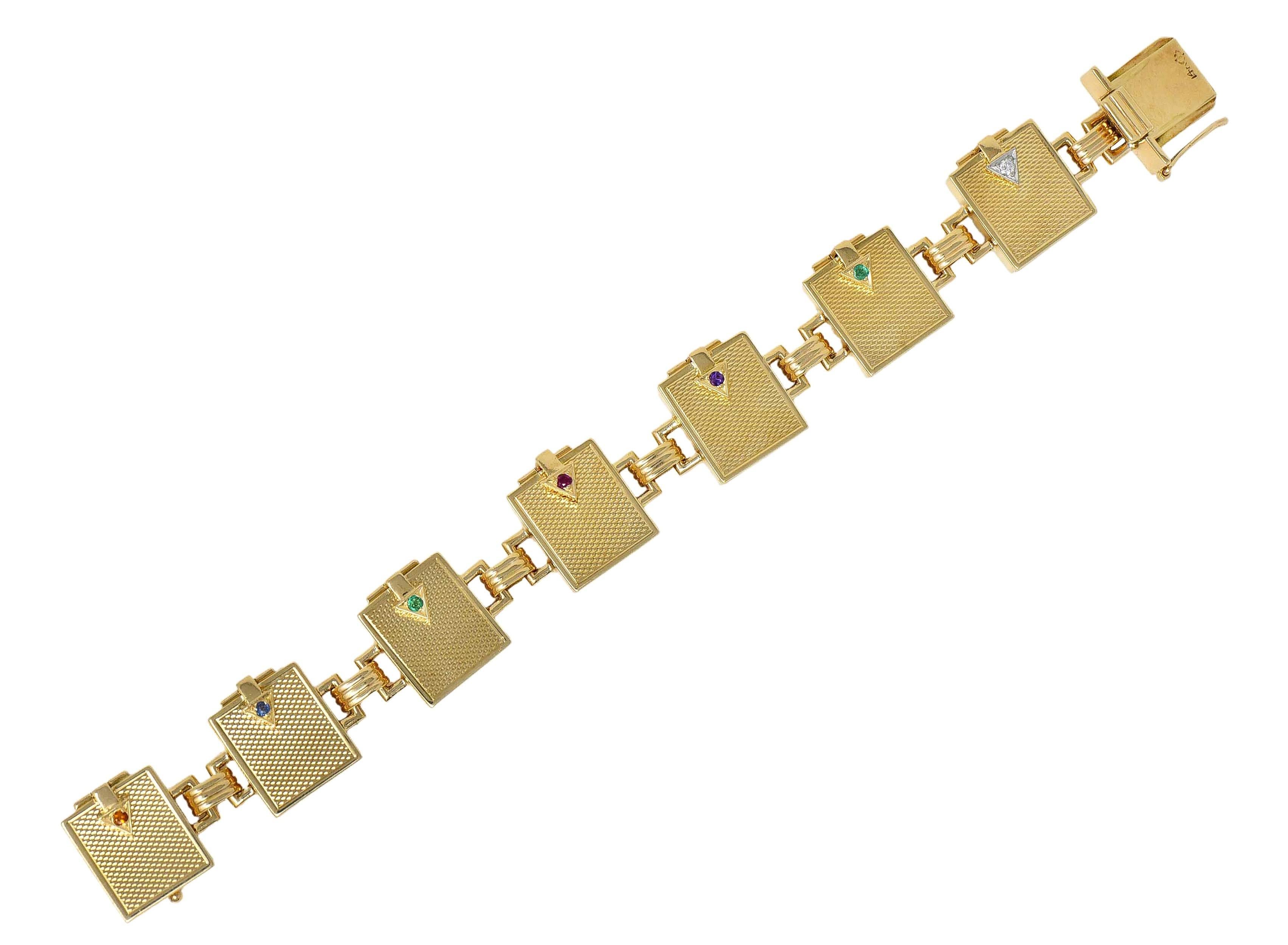 Round Cut Mid-Century Multi-Gem 14K Gold Vintage Dearest Acrostic Compartment Bracelet For Sale