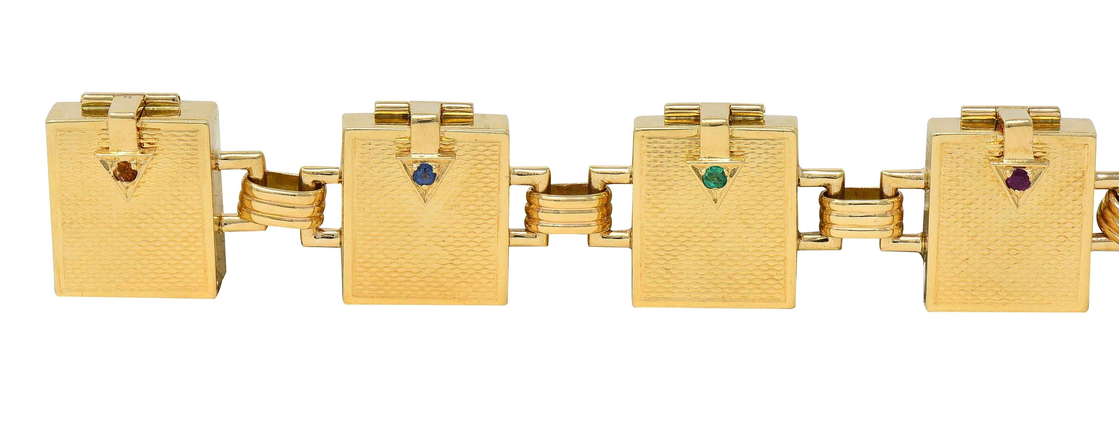 Mid-Century Multi-Gem 14K Gold Vintage Dearest Acrostic Compartment Bracelet In Excellent Condition For Sale In Philadelphia, PA