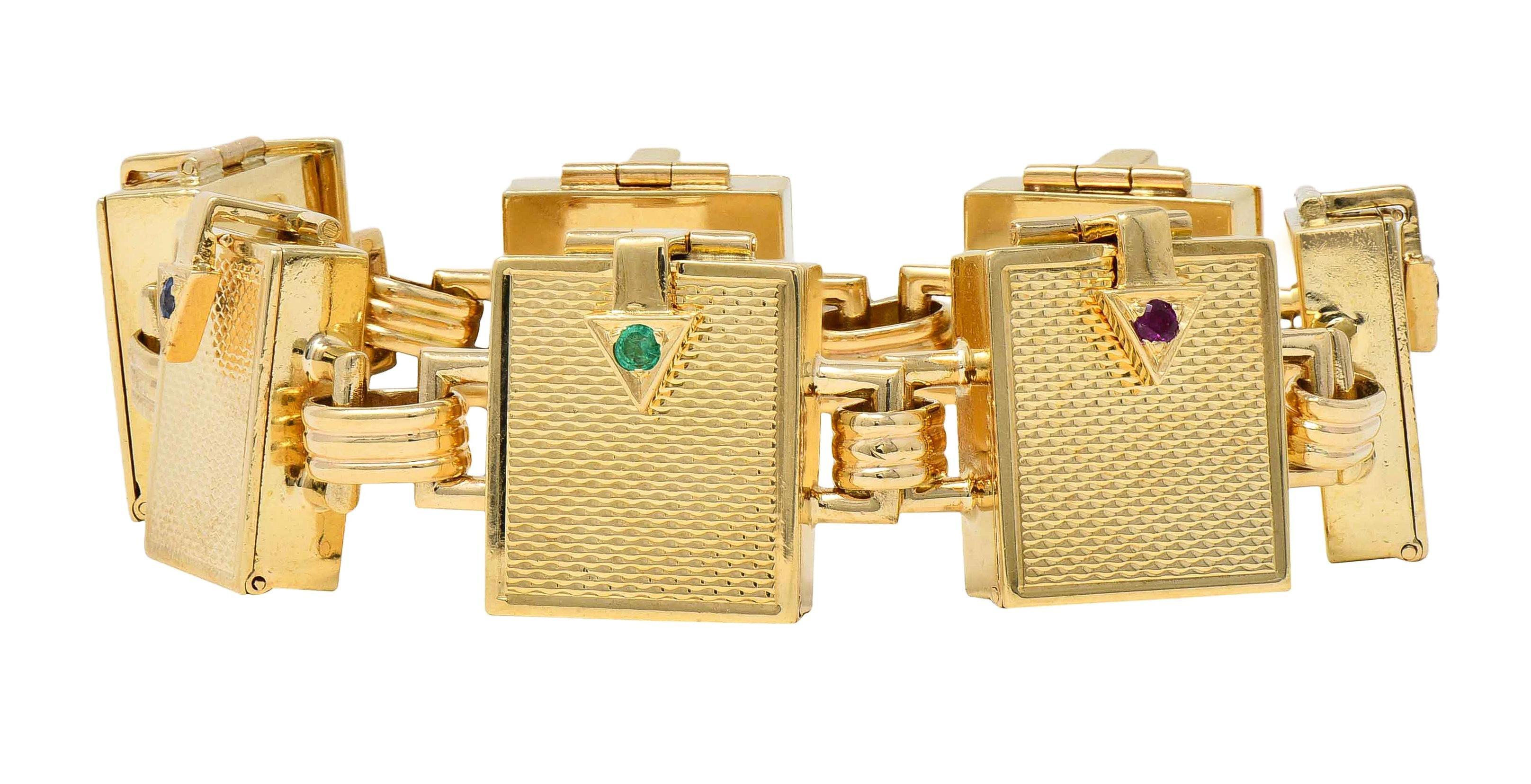 Mid-Century Multi-Gem 14K Gold Vintage Dearest Acrostic Compartment Bracelet For Sale 1