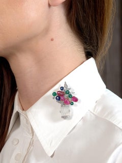 Mid Century Multi-Gem Platinum Vintage Giardinetto Floral Tutti-Frutti Brooch