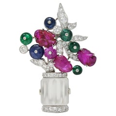 Mid Century Multi-Gem Platinum Vintage Giardinetto Floral Tutti-Frutti Brooch