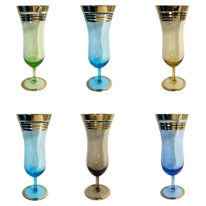 Mid Century  Multicolor Gold Rim Hurricane or Cyclone Glassware - Set of 6 For Sale