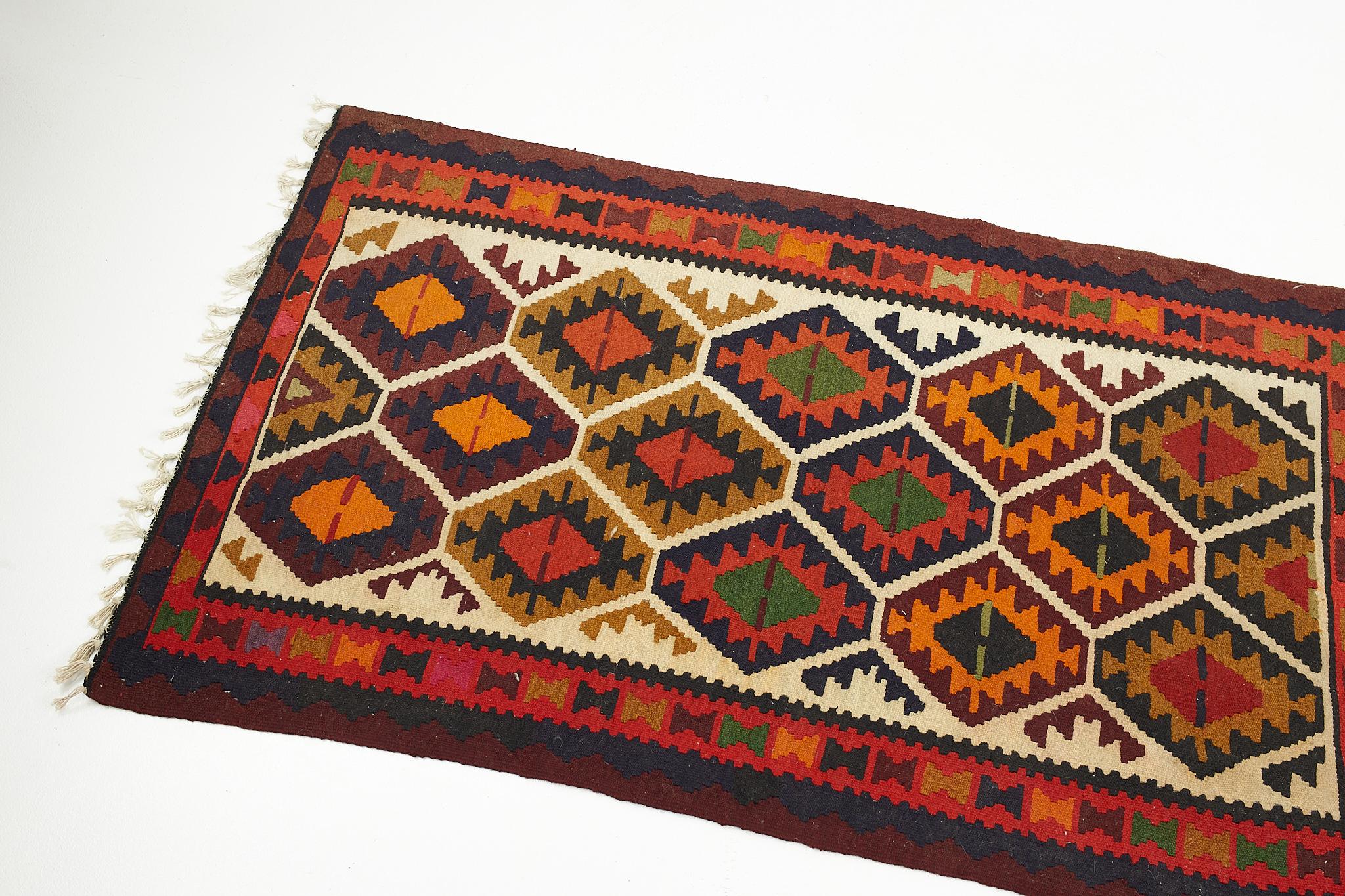 Mid Century Multicolored Southwest Motif Flatweave Wool Rug In Good Condition For Sale In Countryside, IL
