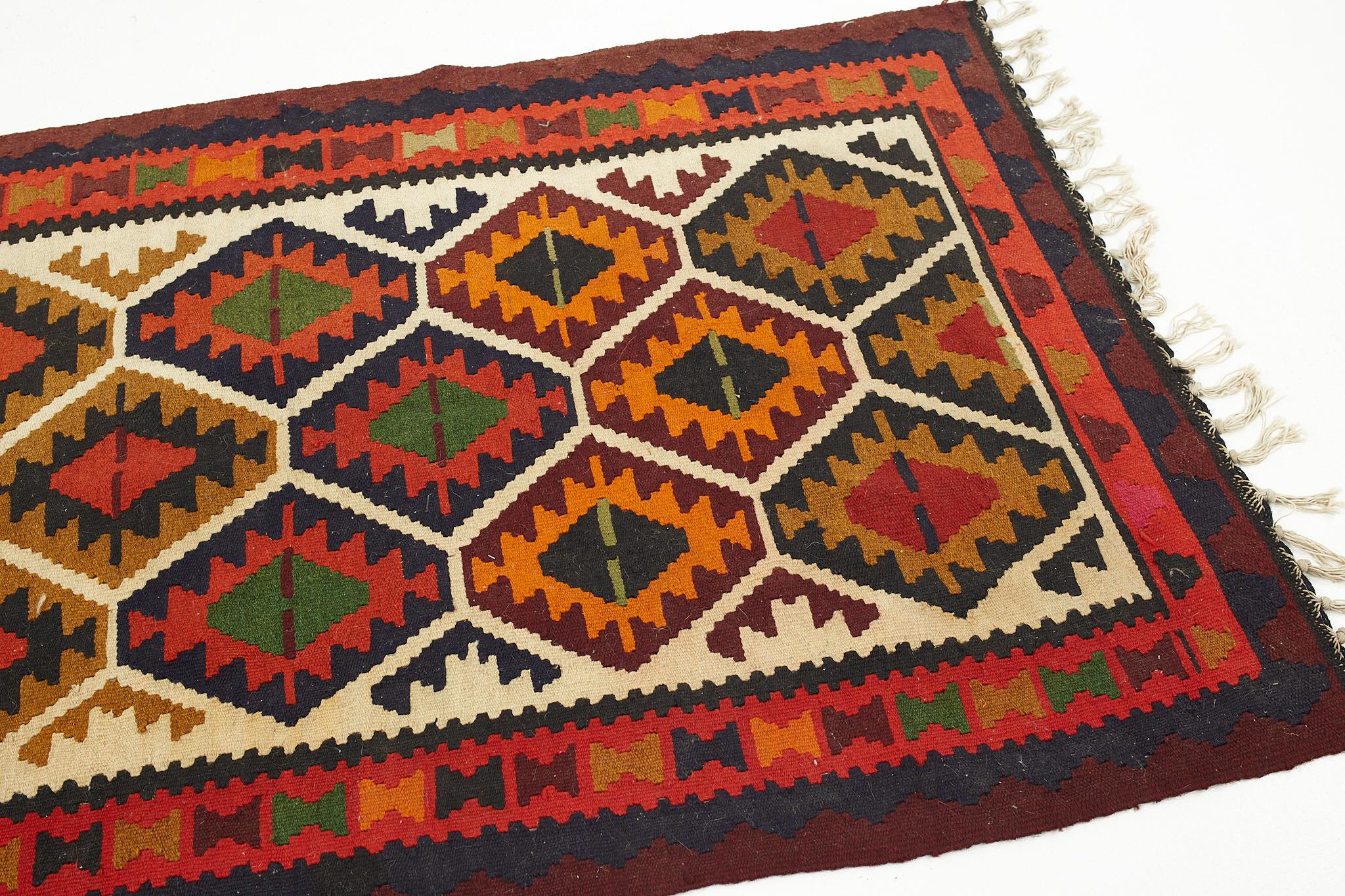 Late 20th Century Mid Century Multicolored Southwest Motif Flatweave Wool Rug For Sale