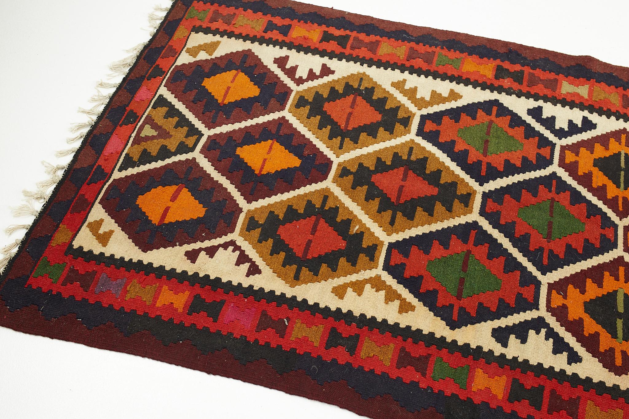 Mid Century Multicolored Southwest Motif Flatweave Wool Rug For Sale 1