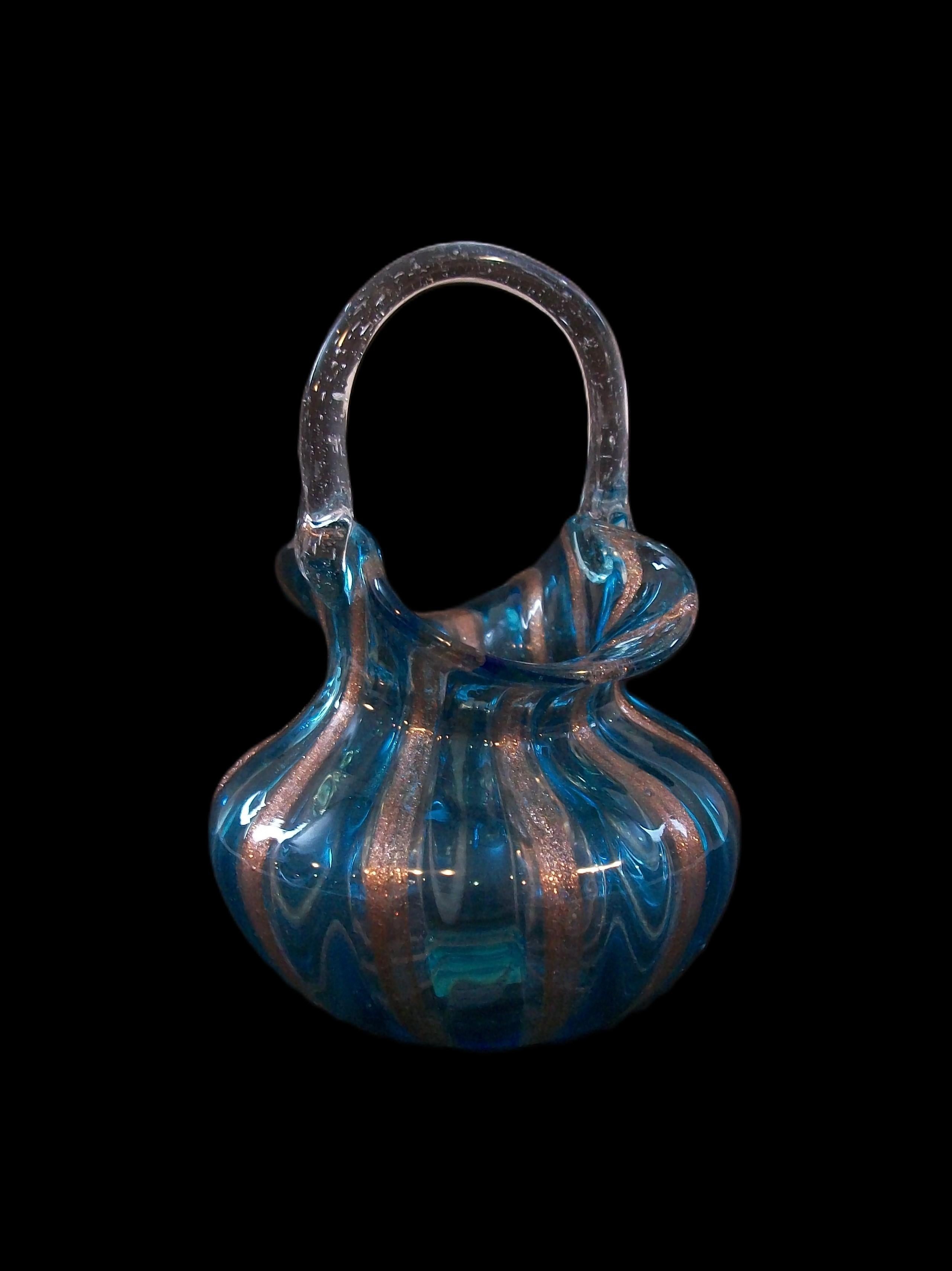 Hand-Crafted Mid Century Murano Art Glass Basket w/ Copper Aventurine - Italy - Circa 1950's For Sale