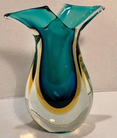 Mid Century Murano Art Glass Curving Aqua and Golden Yellow Vetro Sommerso Vase