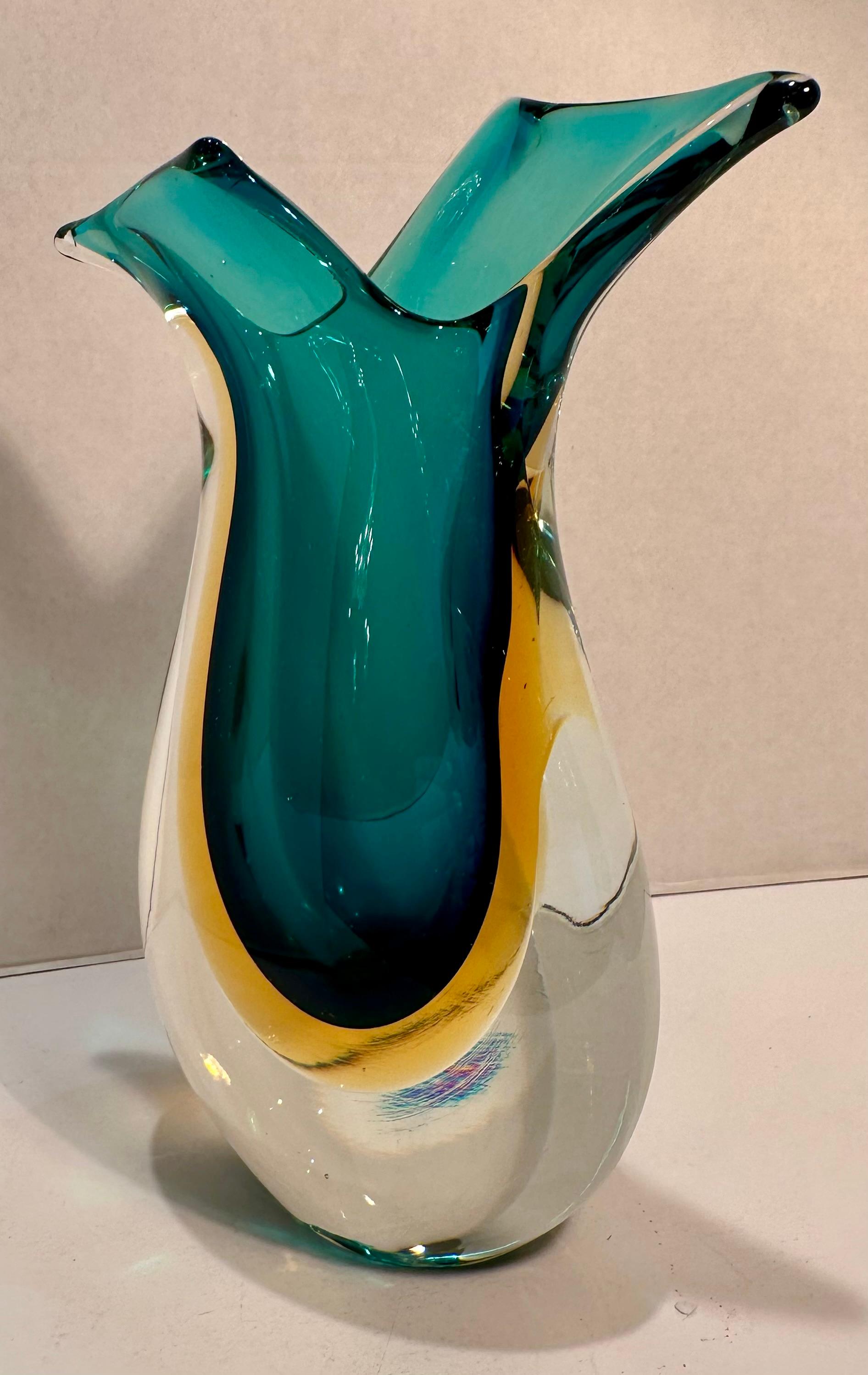 Modern Mid Century Murano Art Glass Curving Aqua and Golden Yellow Vetro Sommerso Vase For Sale