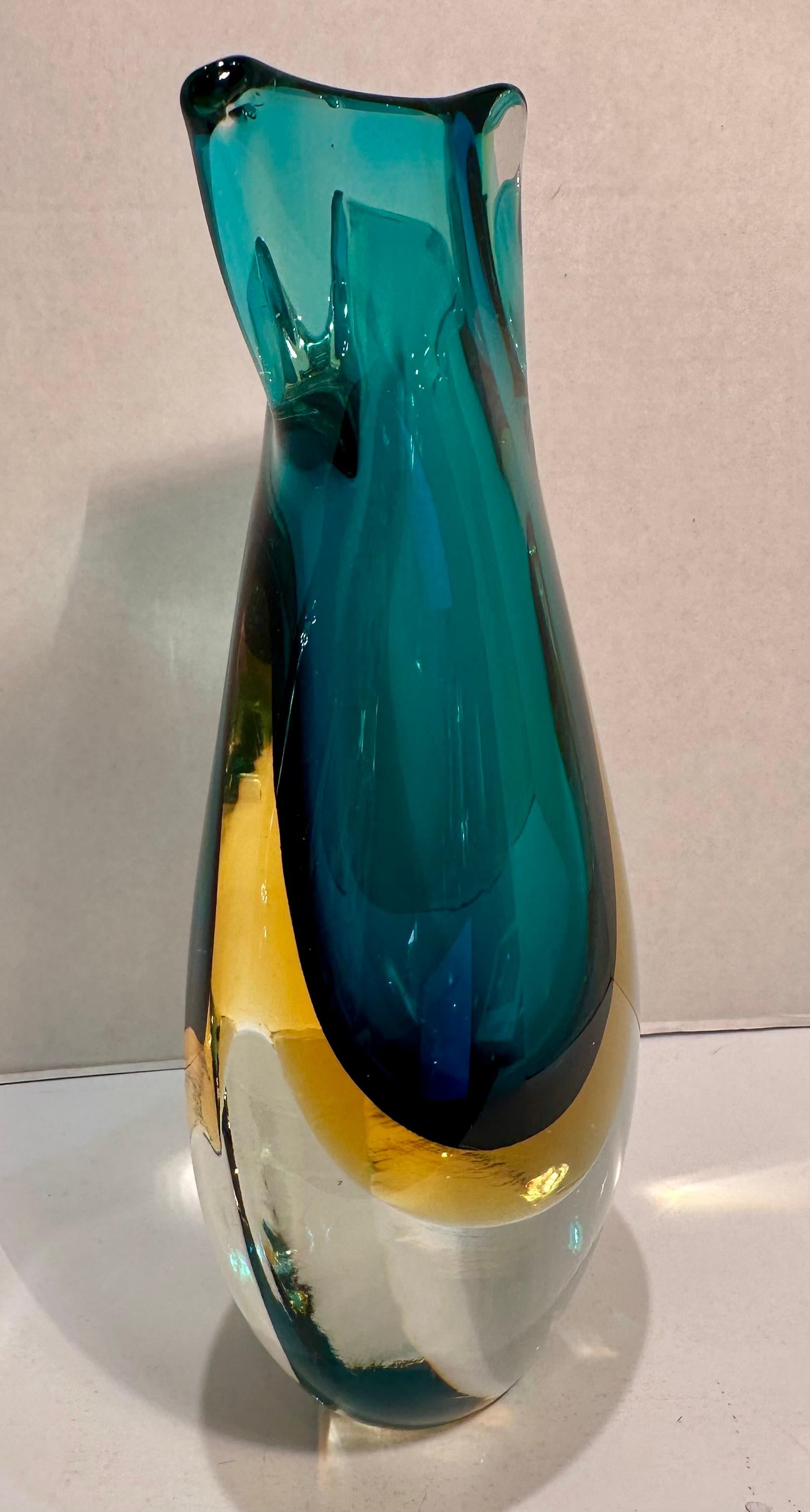 Italian Mid Century Murano Art Glass Curving Aqua and Golden Yellow Vetro Sommerso Vase For Sale