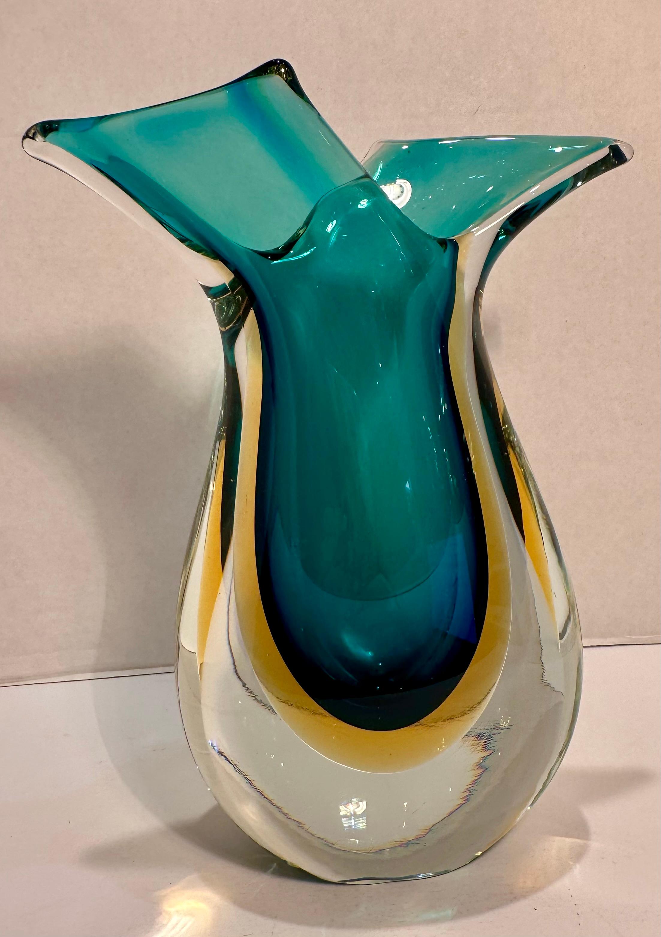 Hand-Crafted Mid Century Murano Art Glass Curving Aqua and Golden Yellow Vetro Sommerso Vase For Sale