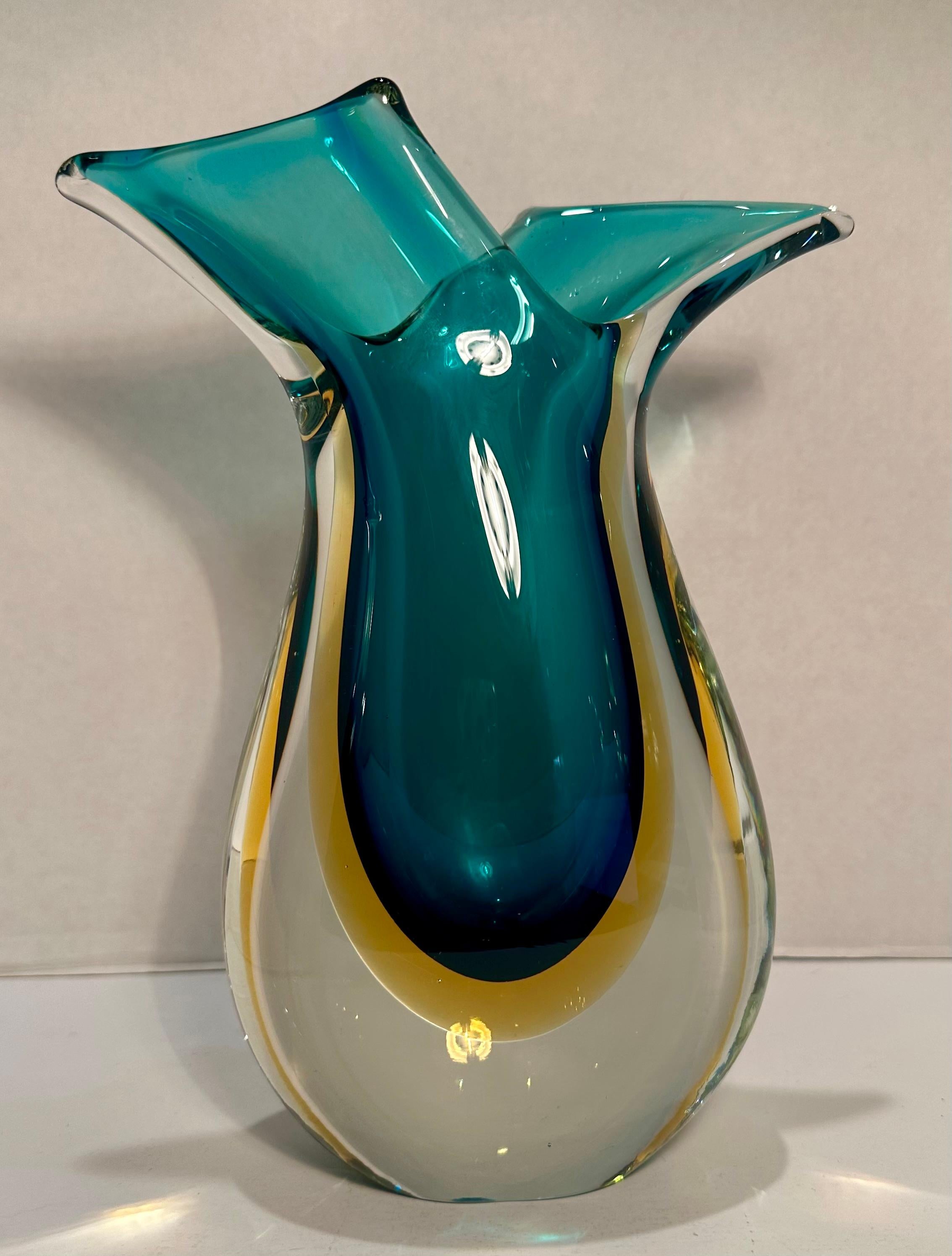 Mid Century Murano Art Glass Curving Aqua and Golden Yellow Vetro Sommerso Vase In Good Condition For Sale In Tustin, CA