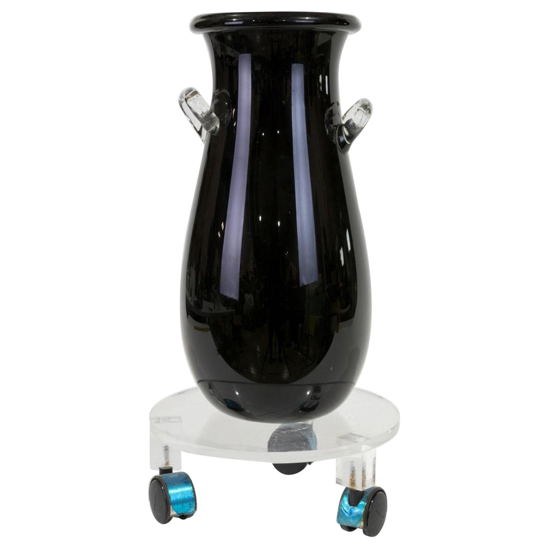 Mid-century Murano Art Glass Floor Vase Amphora, Blue-Black, Handled, Round Lip