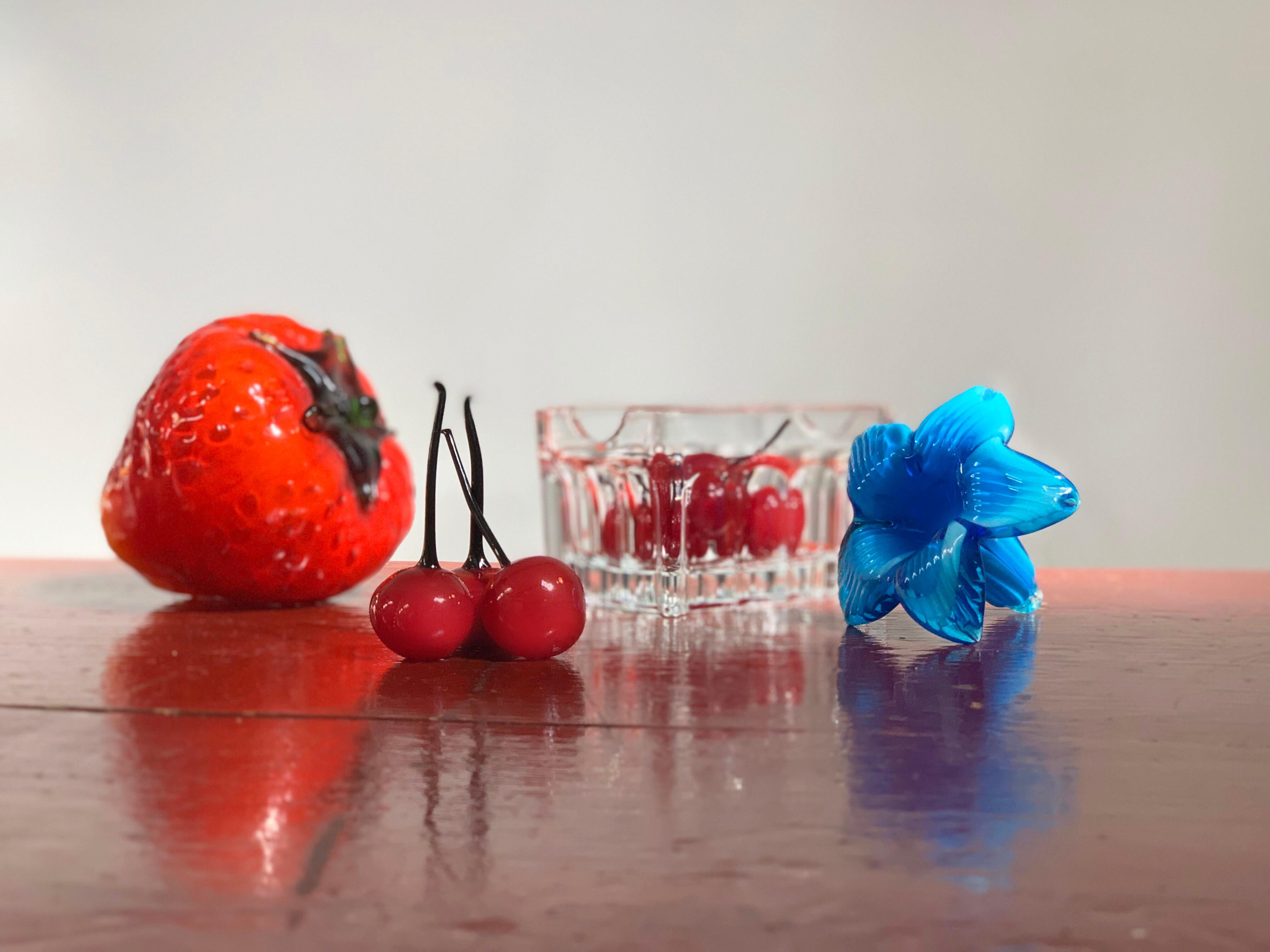 Mid-Century Modern Midcentury Murano Art Glass Summer Strawberry and Cherry in Crystal Basket Set