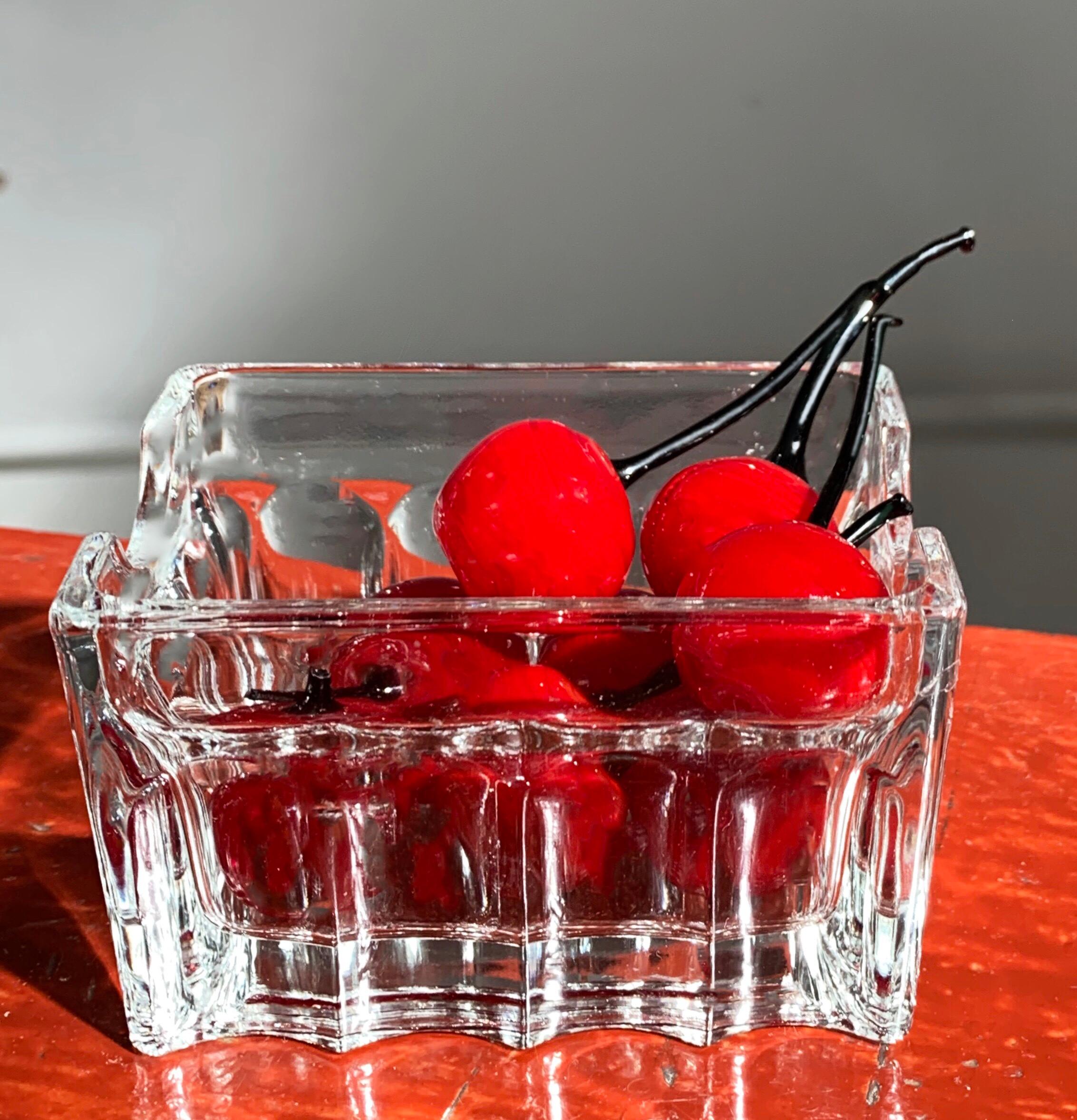 Italian Midcentury Murano Art Glass Summer Strawberry and Cherry in Crystal Basket Set
