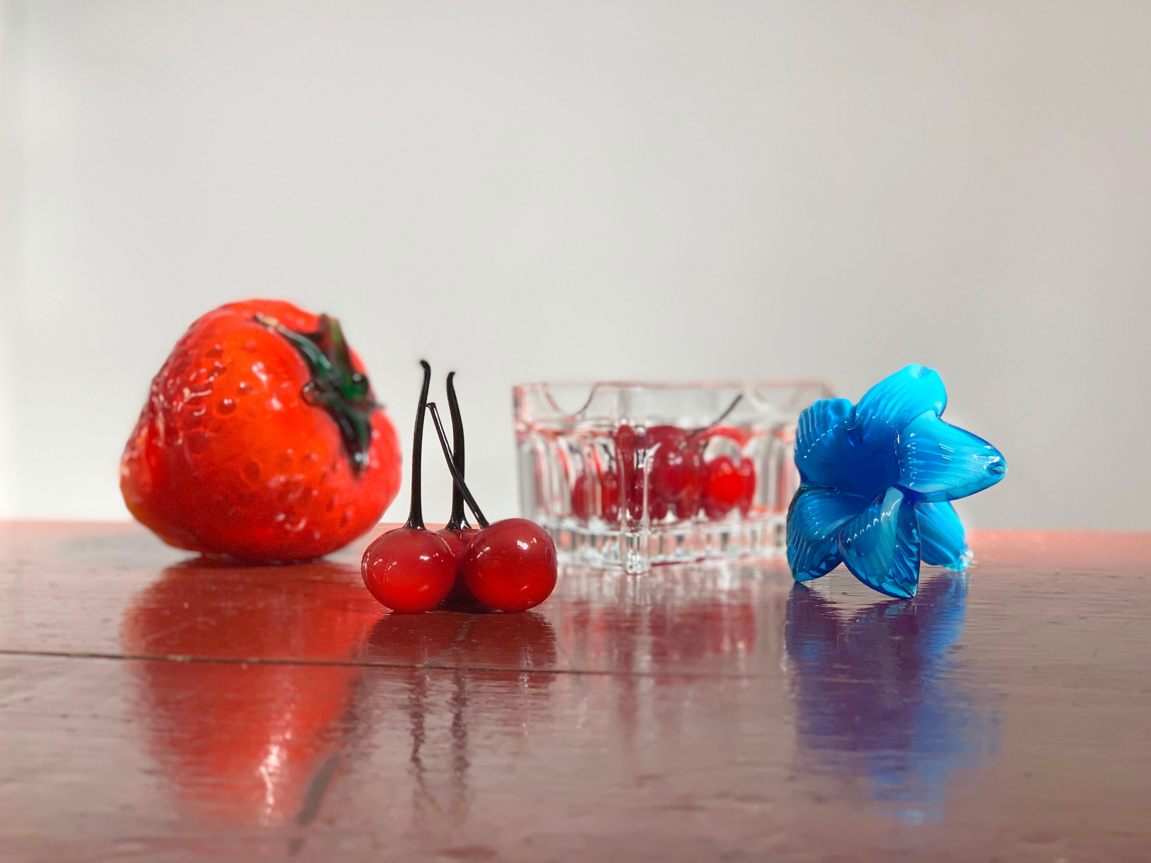 Midcentury Murano art glass summer strawberry and cherry in crystal basket set. Gorgeous fresh pop art installation / group.