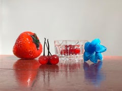 Midcentury Murano Art Glass Summer Strawberry and Cherry in Crystal Basket Set