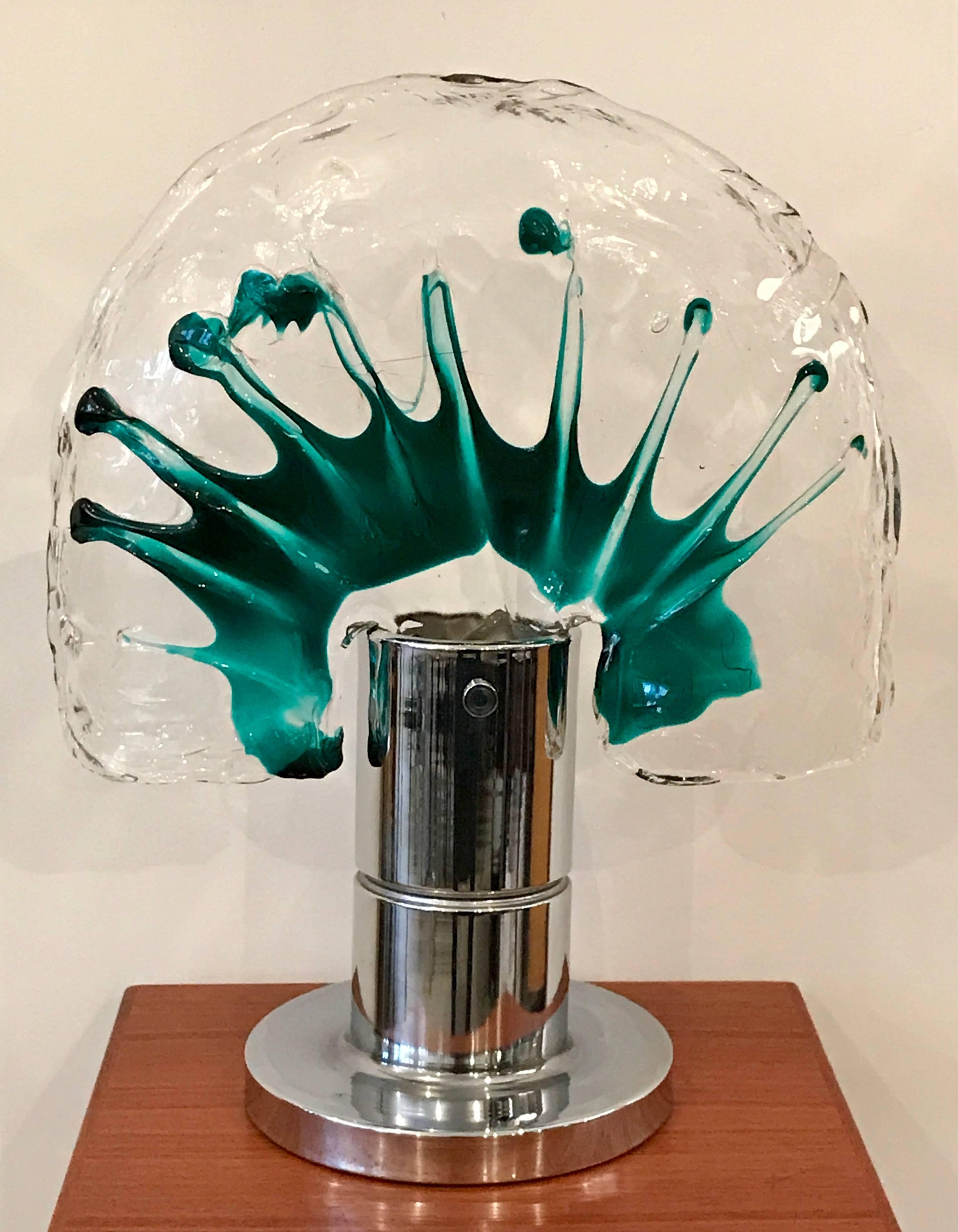 Mid Century Murano Art Glass Table Lamp with Chrome Cylinder Base, Italy In Good Condition In Bedford Hills, NY