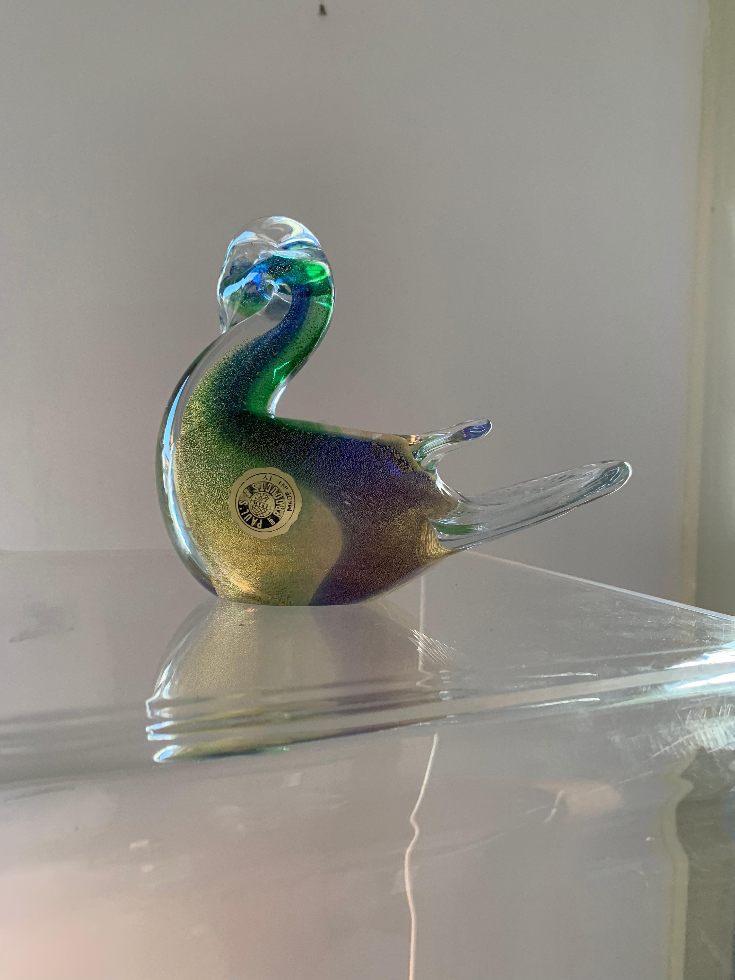 Midcentury Murano Art Glass Turtledove Lovebird 24-Karat Gold Fleck Blue Green 1