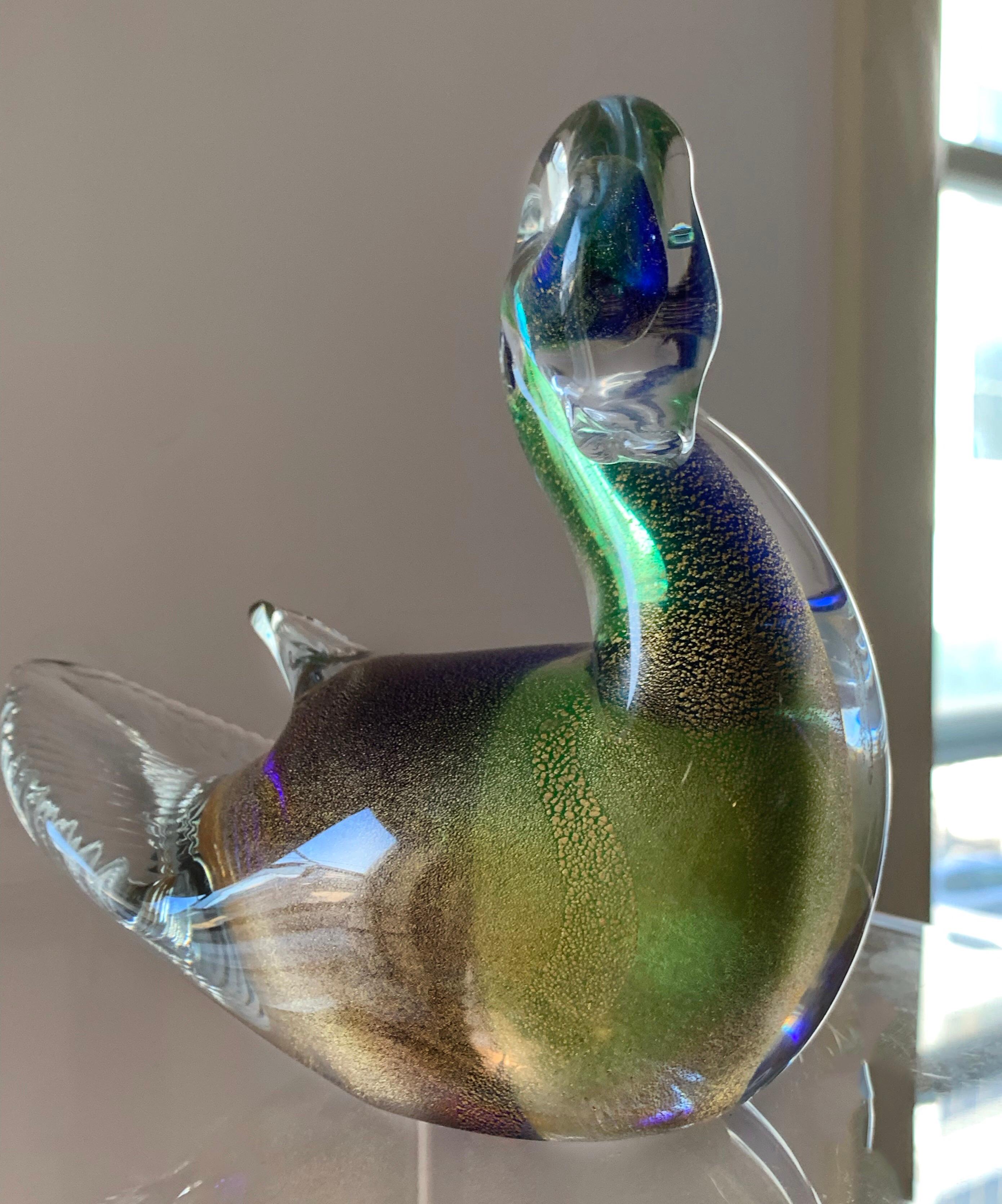 Italian Midcentury Murano Art Glass Turtledove Lovebird 24-Karat Gold Fleck Blue Green