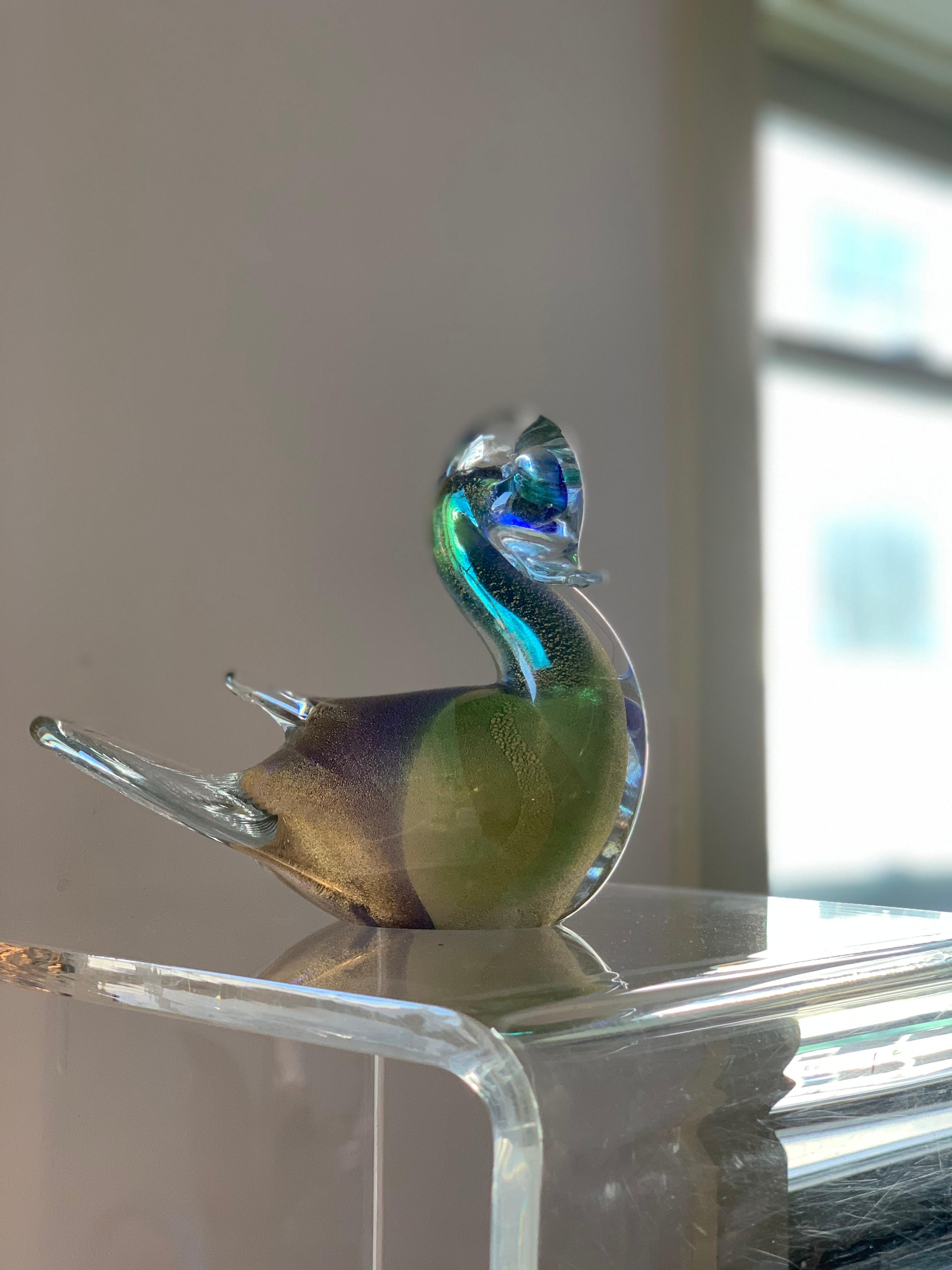 20th Century Midcentury Murano Art Glass Turtledove Lovebird 24-Karat Gold Fleck Blue Green