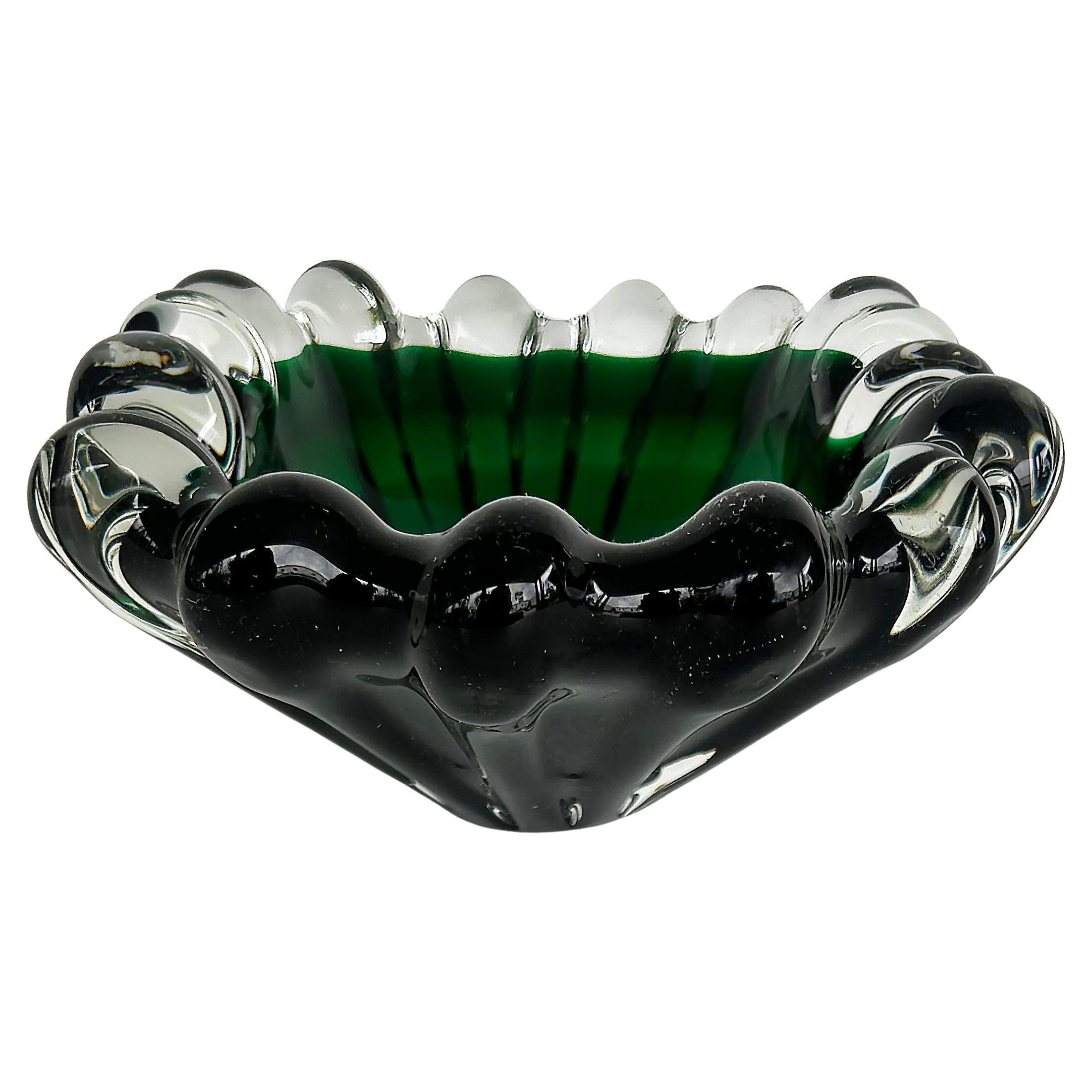 Ciotola in vetro pesante di Murano del 1950 Barovier&Toso, verde a coste, trasparente